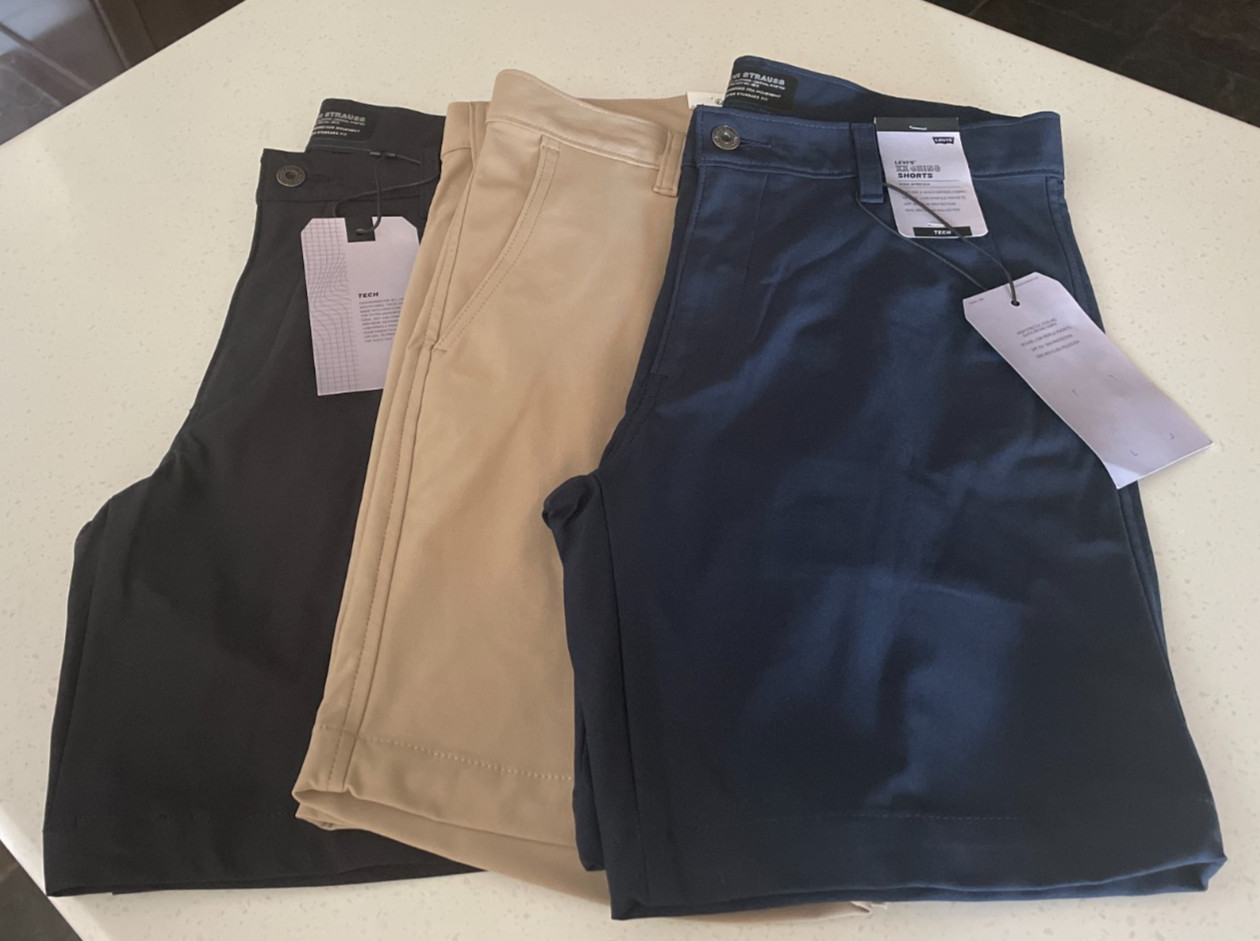 Levi’s XX Chino Mens Tech Shorts 30 8″ Blue Black Tan High Stretch Quick Dry UPF