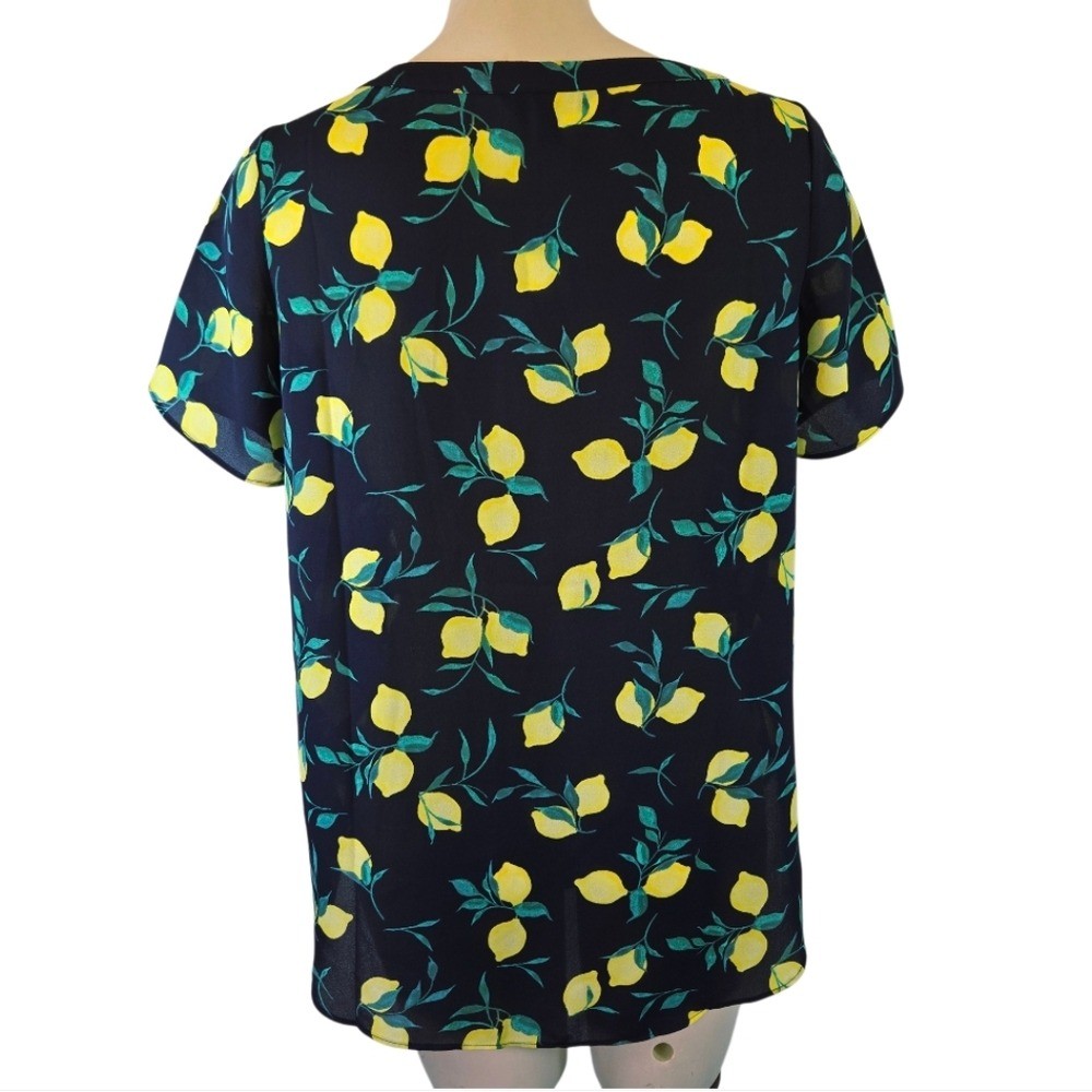 BANANA REPUBLIC Lemon Print Short Sleeve Blouse Navy Yellow Flowy X Small New