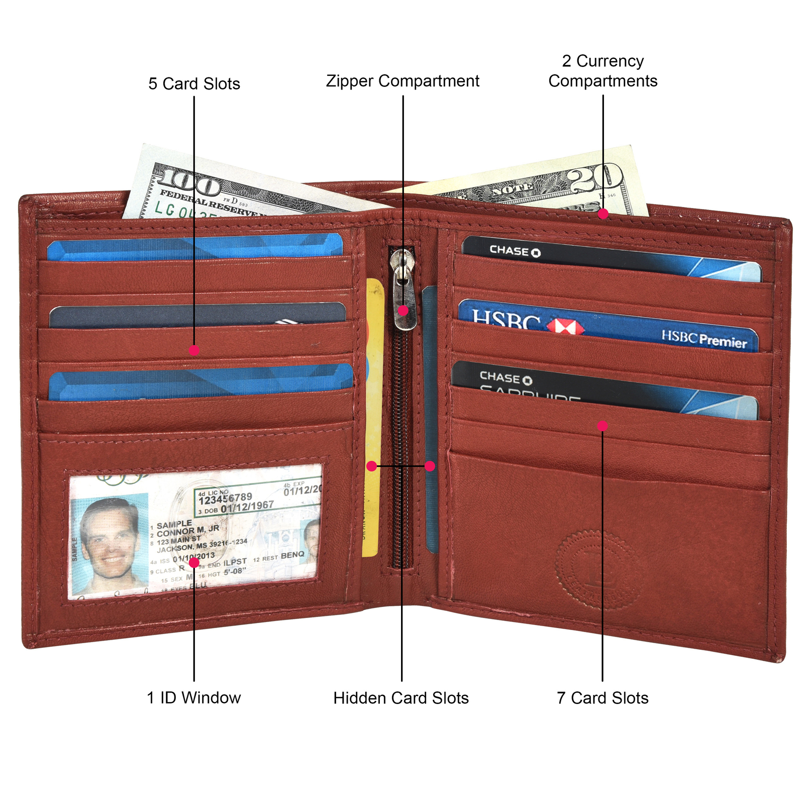 Leatherboss Genuine Leather Men’s Hipster RFID Card Holder Bifold Wallet