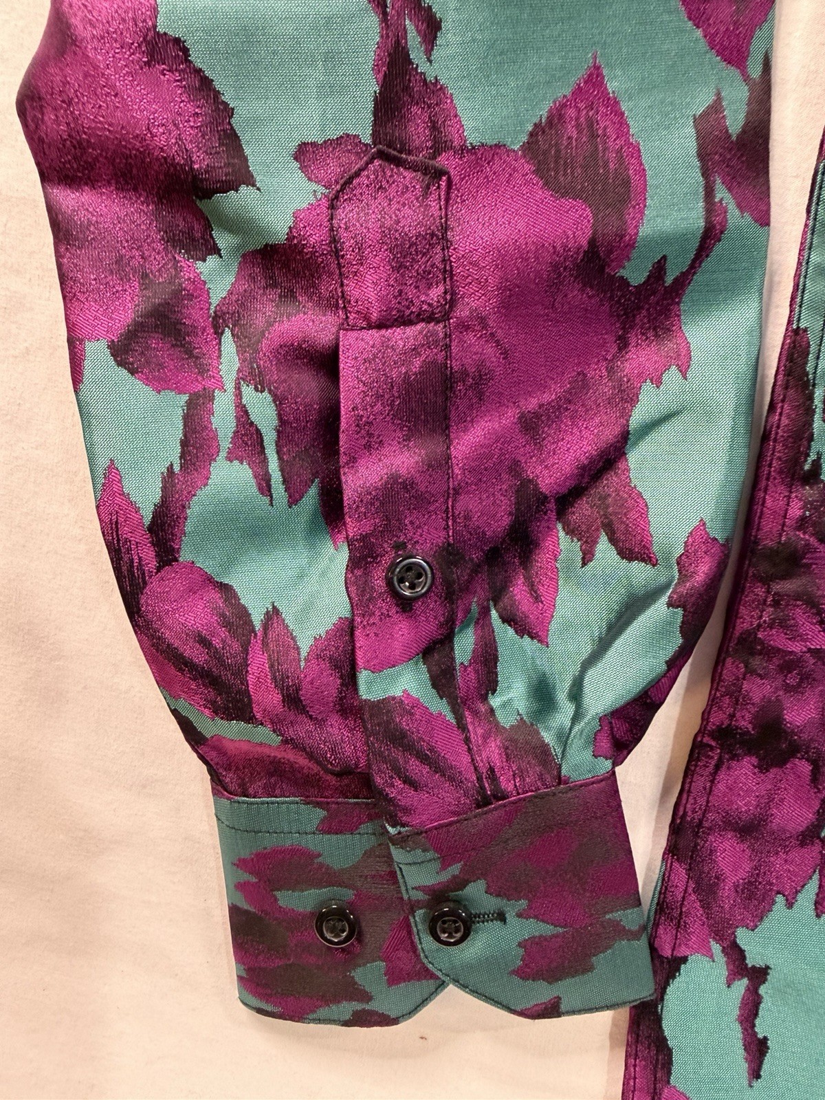 Barry Wang Men’s Teal Purple Dress Shirt Shiny Floral Button Up Small NWOT C68