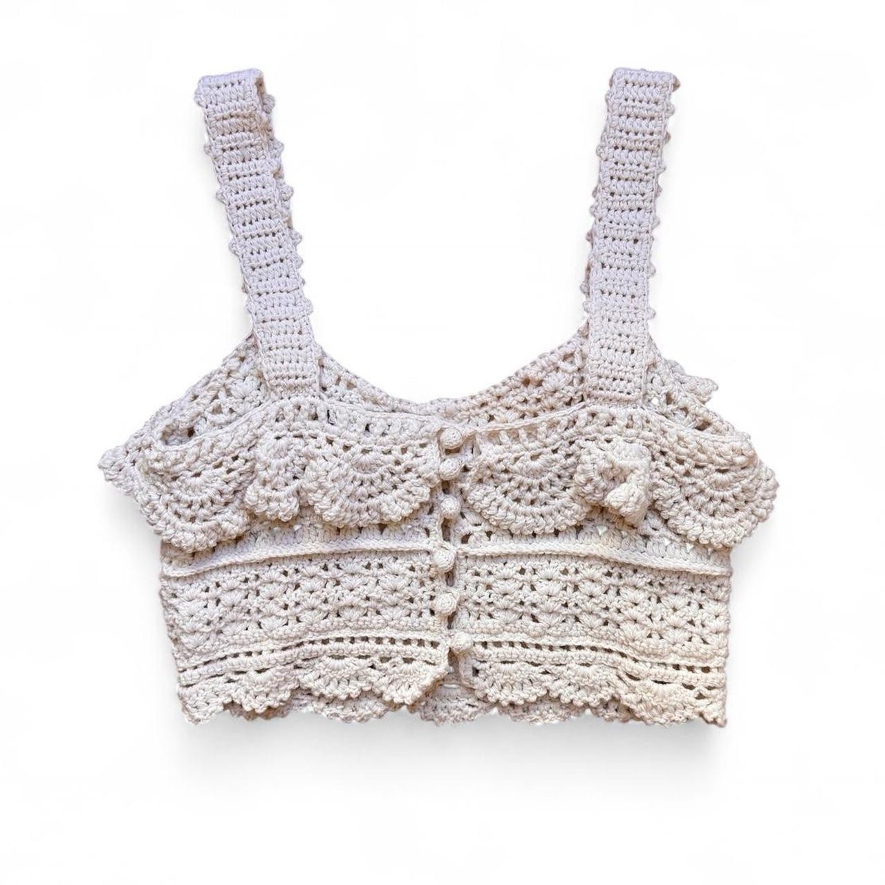 Sea NY Cream Boho Crochet Knit Ruffle Sleeveless Tank Top Size Small