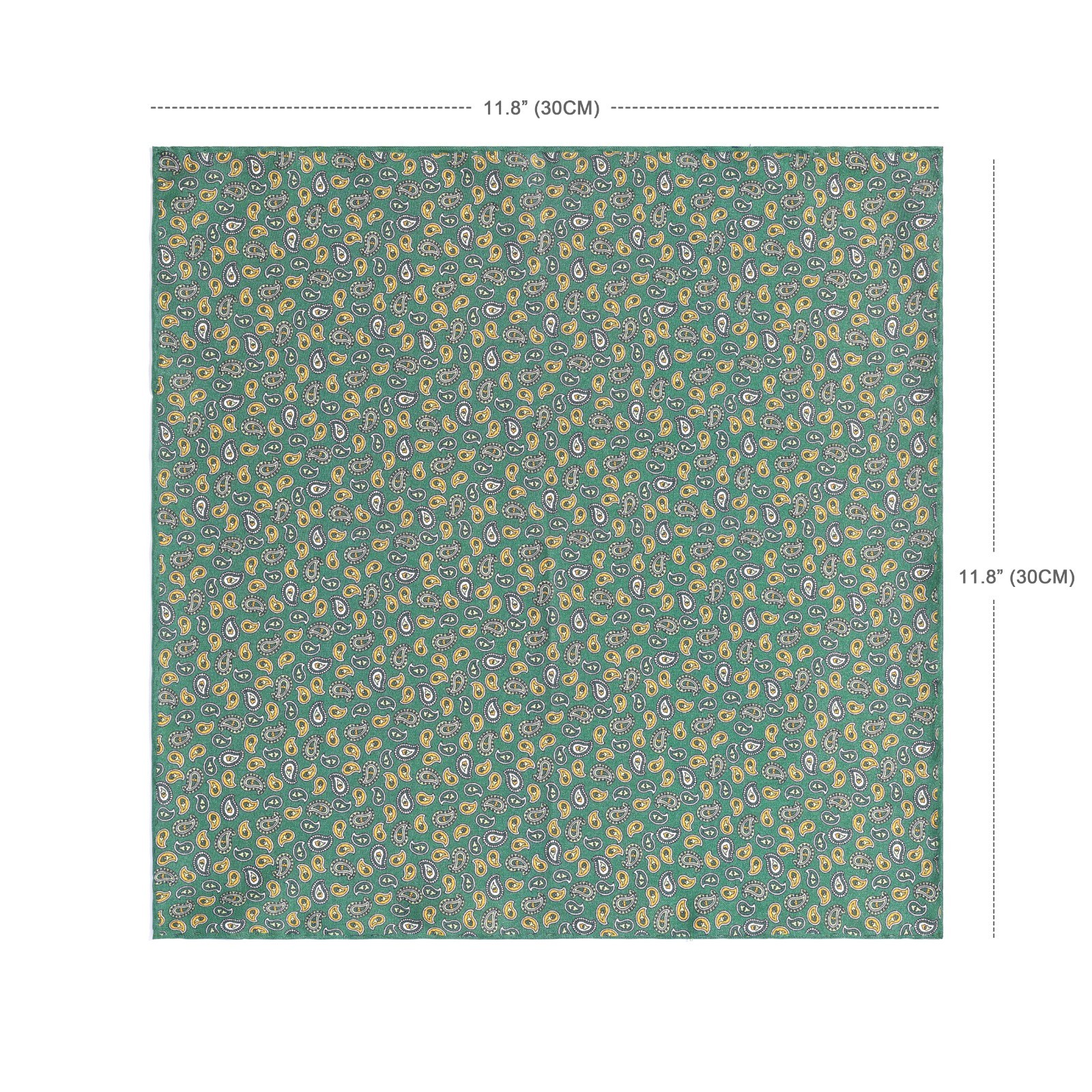 Men’s 100%silk Twill Pocket Square Green Little Paisley Hand Rolled 11.8″ 30cm