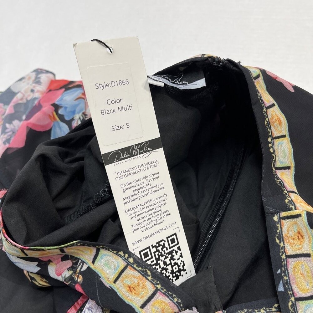 Dalia MacPhee Dress Black Chiffon Bright Floral Tiered Maxi Size S Flowy Event