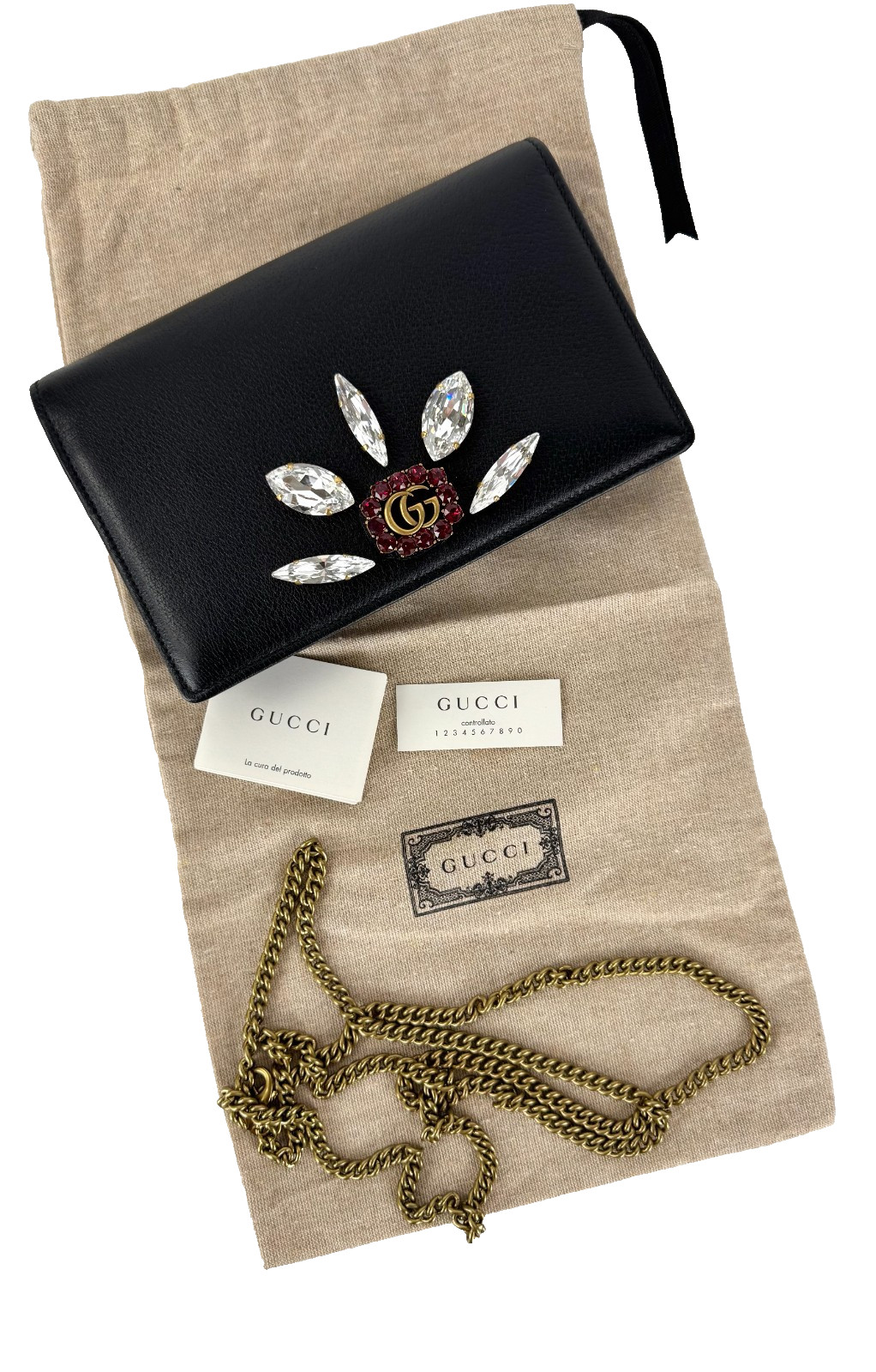 Gucci New Auth Black Leather Mini GG Marmont Crystal Wallet Chain Bag Dust Bag