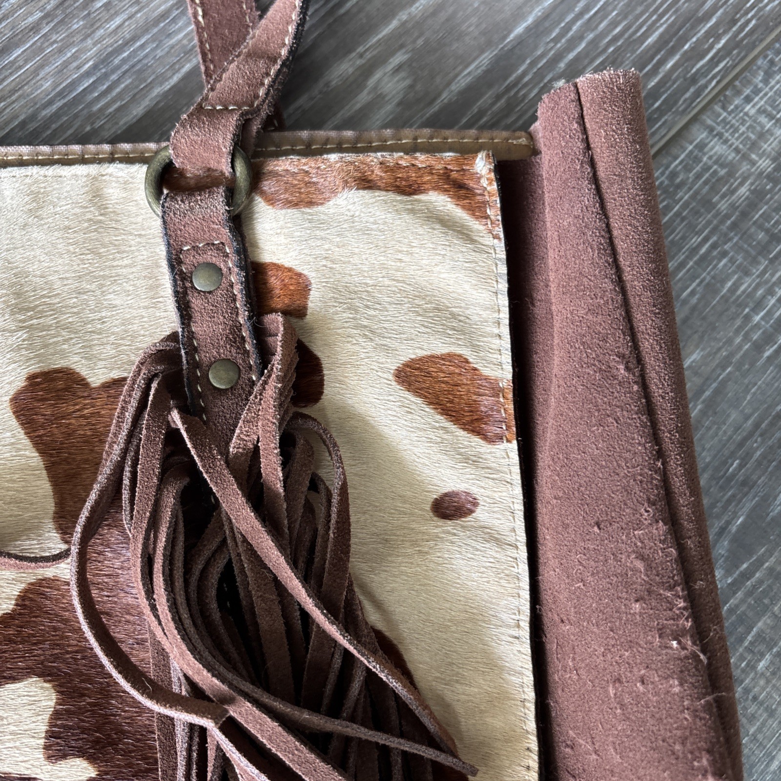 Patricia Nash Leather & Cowhide Print Mwith Leather Fringe Tote Purse – See Pics