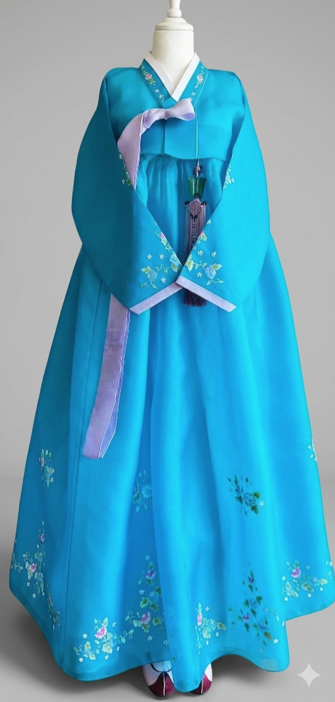 M Silk Traditional Korean Hanbok Set–Turquoise Blue Top/ Skirt with Floral Print