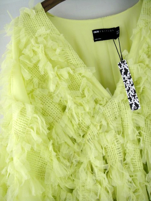 ASOS Edition Size 12 Apple Green Long V Neck Ruffle Pull Over Long Sleeve Dress