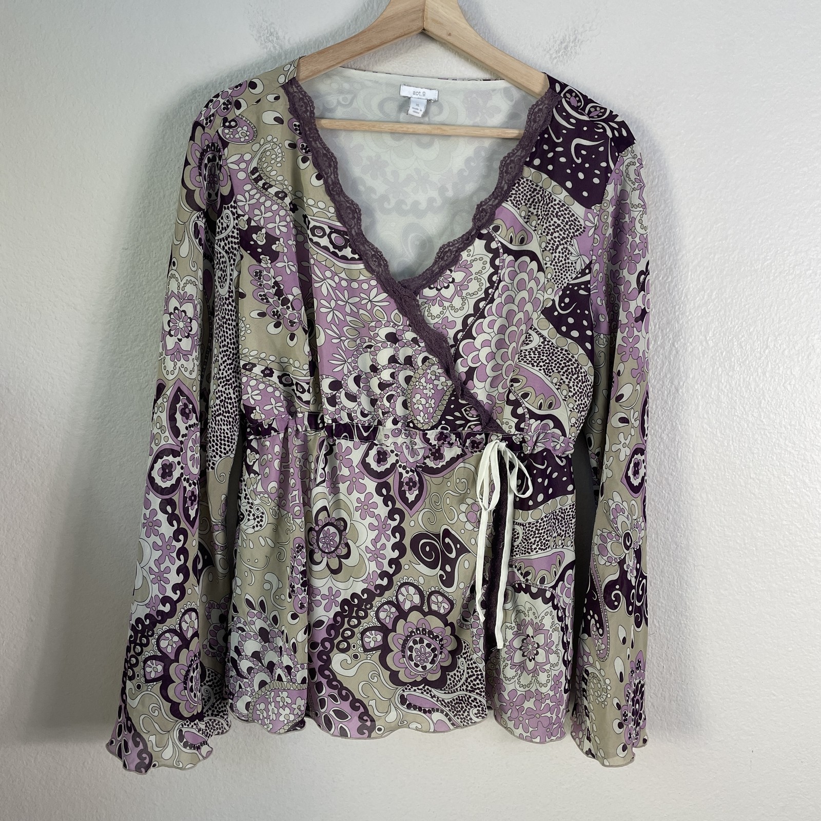 Y2K Apt 9 Blouse Womens XL Purple Beige Floral Paisley Babydoll Long Sleeve Top