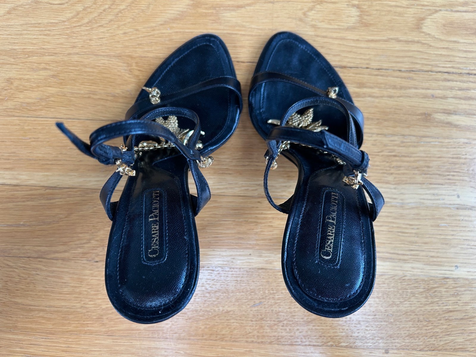CESARE PACIOTTI Black Leather Charm-Embellished Slingback Sandals IT 37 Good Box