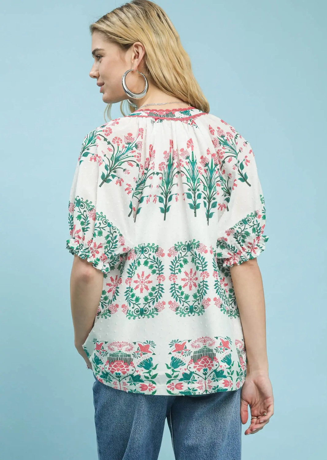 Umgee Floral Lace Detail Puff Sleeve Summer Top in Pink Ivory