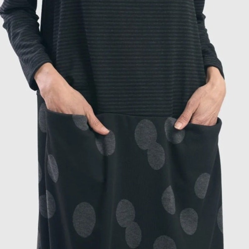 Alembika Fallon Shift Dress Size 1 Stripes Polka Dots Gray Black Lagenlook Style