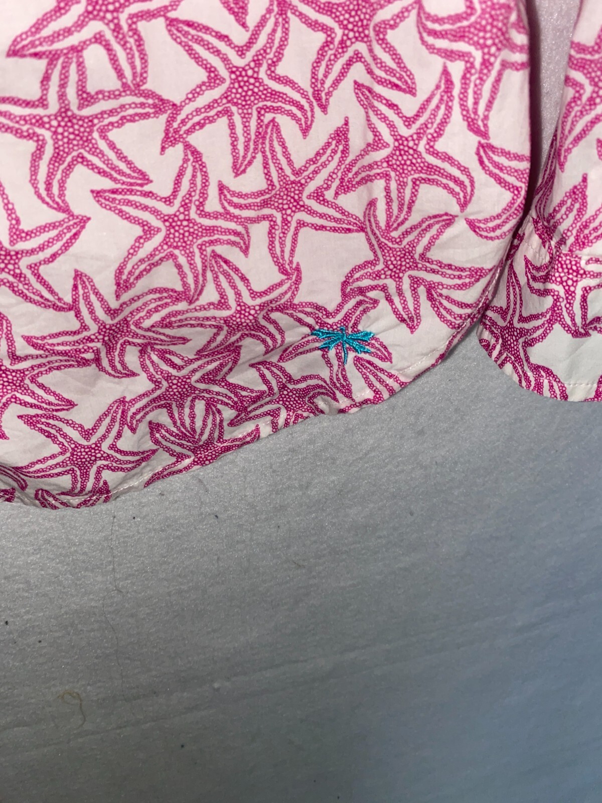 Talbots White Pink Starfish Print Roll Tab Sleeve Button Up Pocket Sz S Petite
