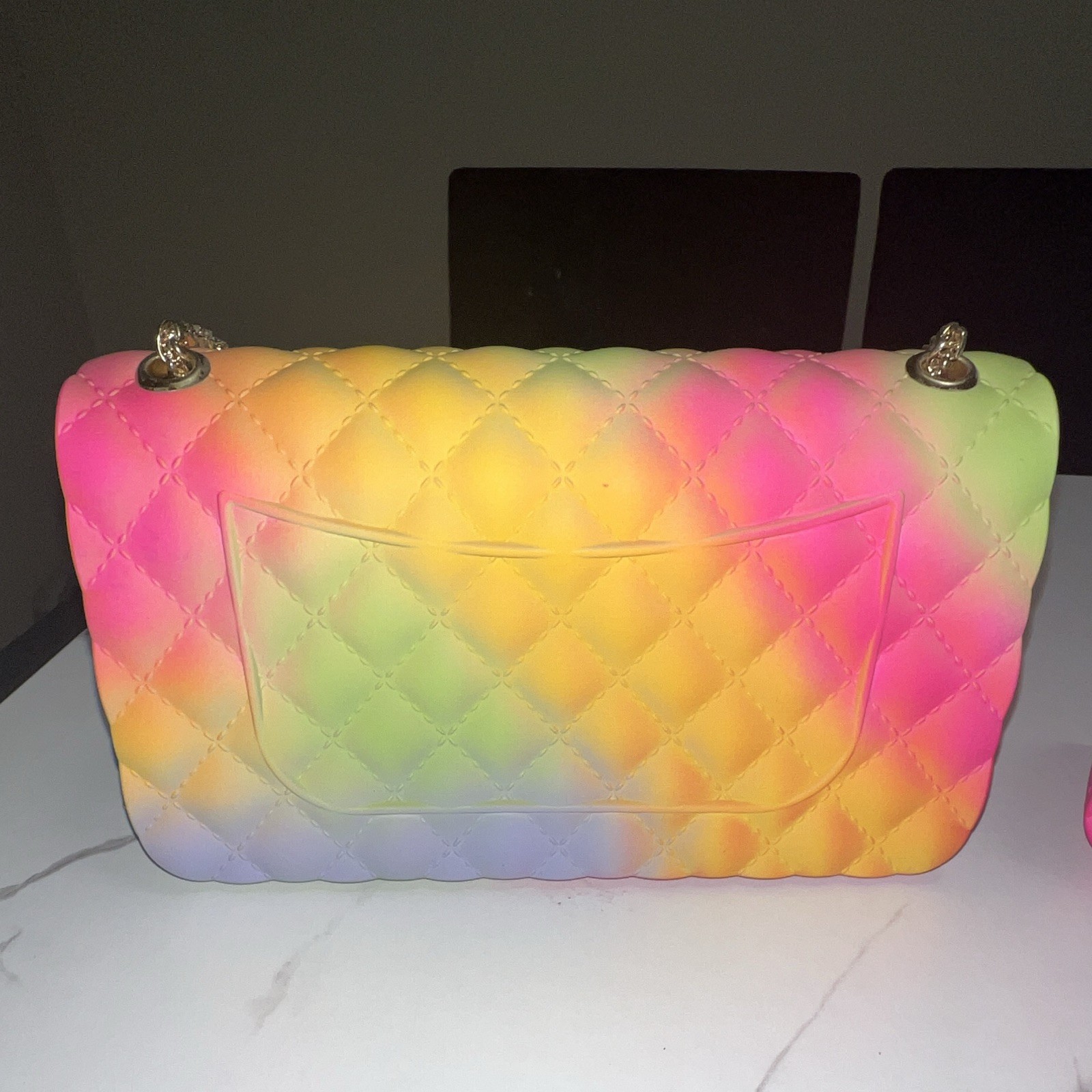 Quilted Multicolor Gradient Shoulder Bag, Gold Chain Strap, Turn Lock, Small