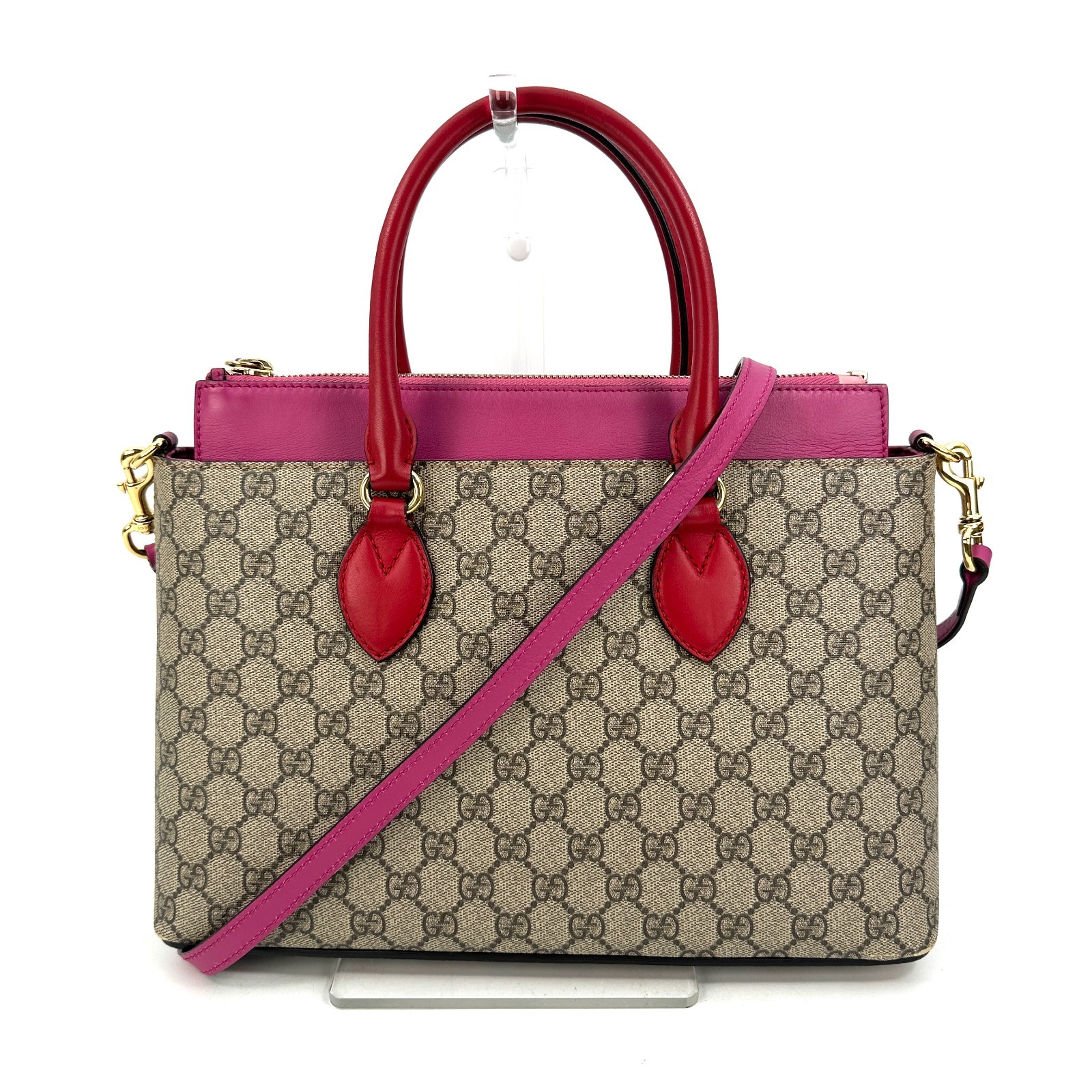 Gucci GG Supreme Monogram 2 Way Purse Bag Tote Pink