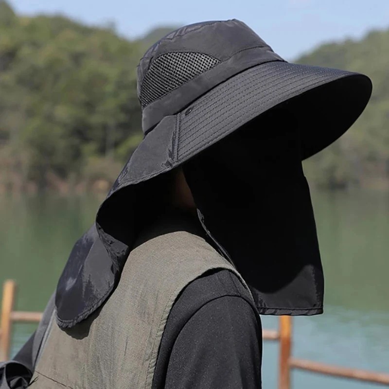 Fishing Hat UV Sun Protection Wide Brim Hat w/ Face Cover & Neck Flap Unisex