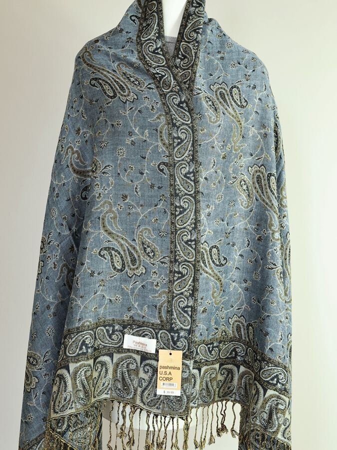 DG Women’s Pashmina Scarf Shawl Wrap Paisley Black Gray,Silk Cashmere*Soft