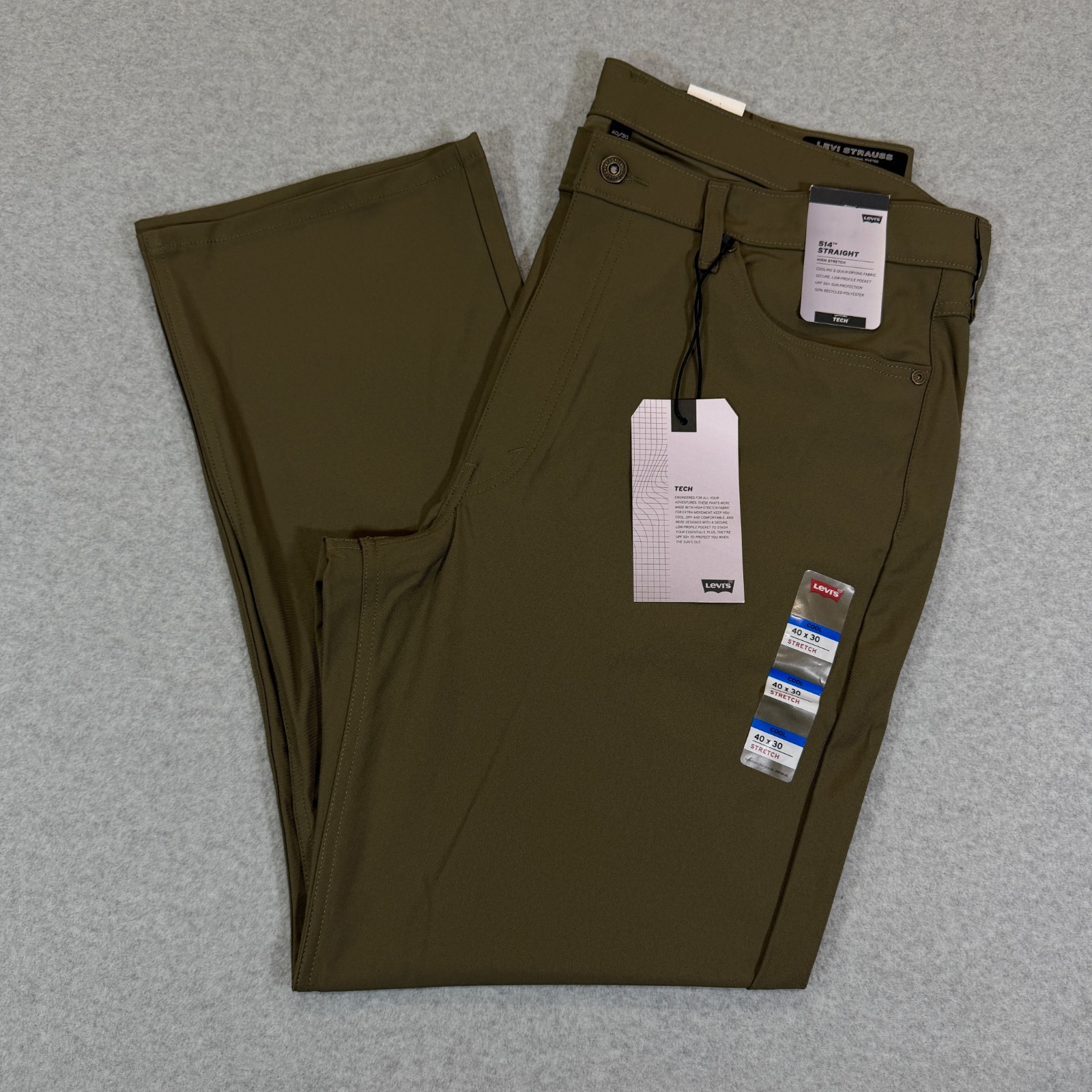 Levis Mens 514 Straight Fit Tech Pants Crocodile Brown Stretch Fit Cooling 40×30