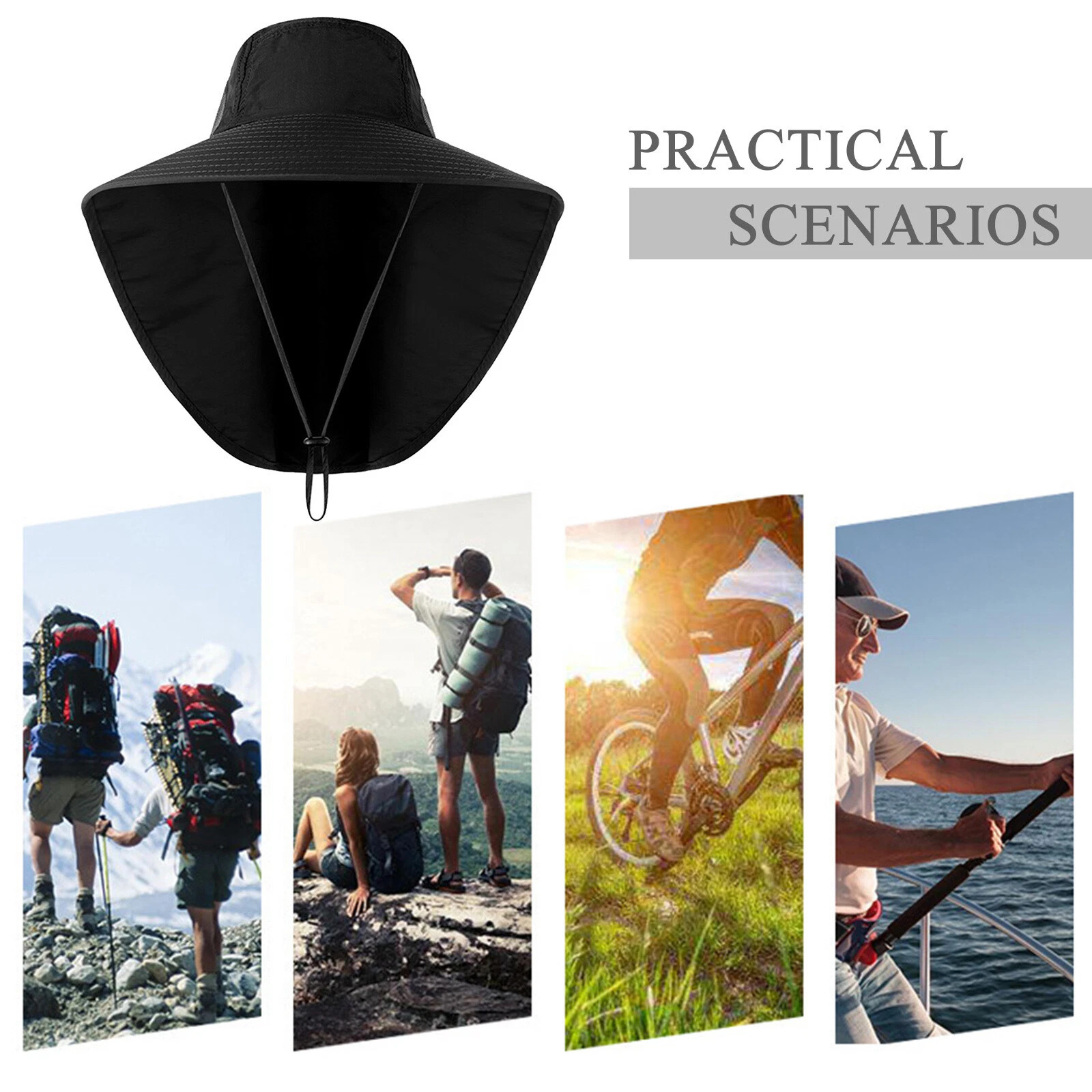 Wide Brim Sun Hat with Neck Flap UV Protection Hiking Fishing Cap for Men Women
