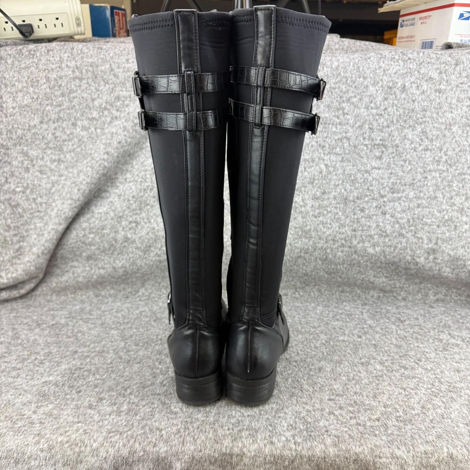 ✅Womens 9M Nicole Tess Black Knee-High Riding Boots Side-Zip Double Buckle Strap