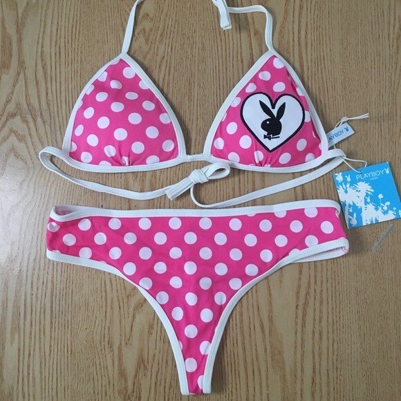 New Womens 2pc Super Sexy Playboy Polka Dot Thong Swimsuit Bikini Size Large