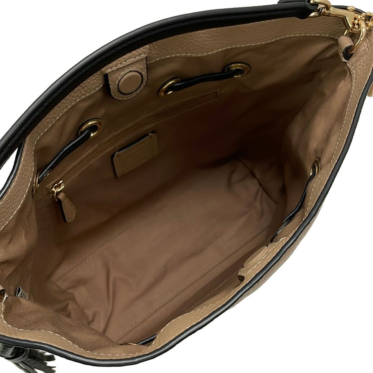 COACH Andy Crossbody Beige Black Pebble Leather Drawstring Tote Auth