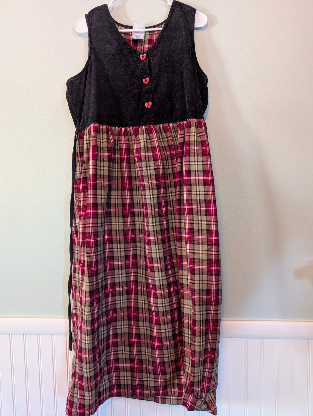 Vintage Bobbie Brooks Black Corduroy Red Plaid Jumper Dress with Heart Buttons