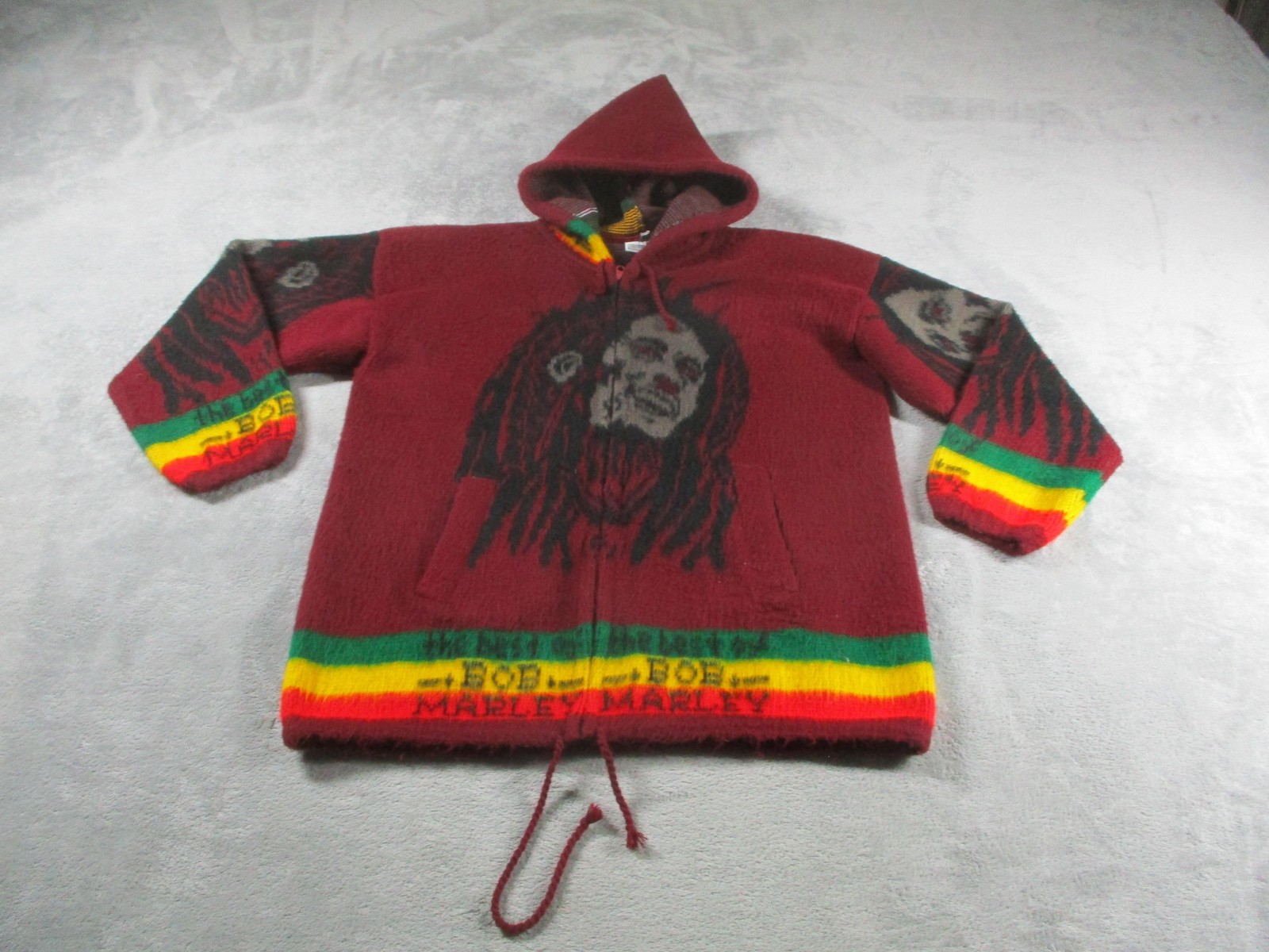 Tahuantinsuyo Sweater Mens M Red Wool Bob Marley Hooded Full Zip Graphic Rasta