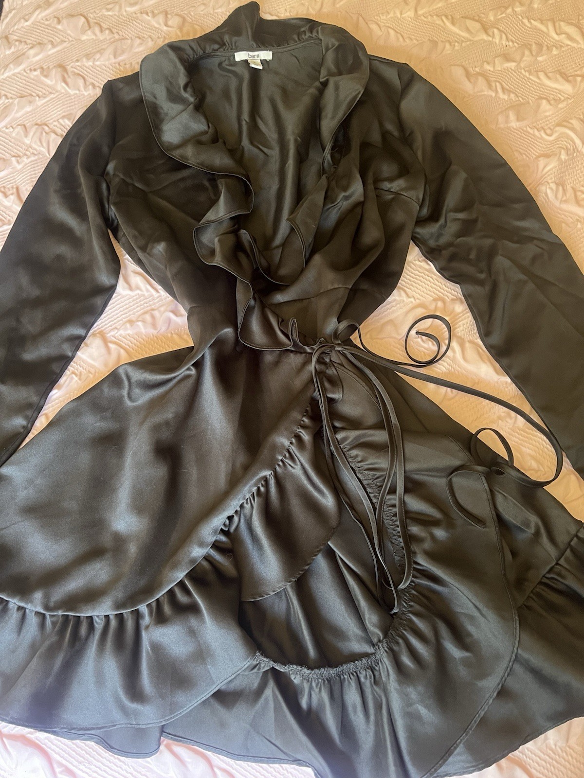 Bar III Women’s Ruffled Tie Wrap Dress Size S Color Black Satin Long Sleeve