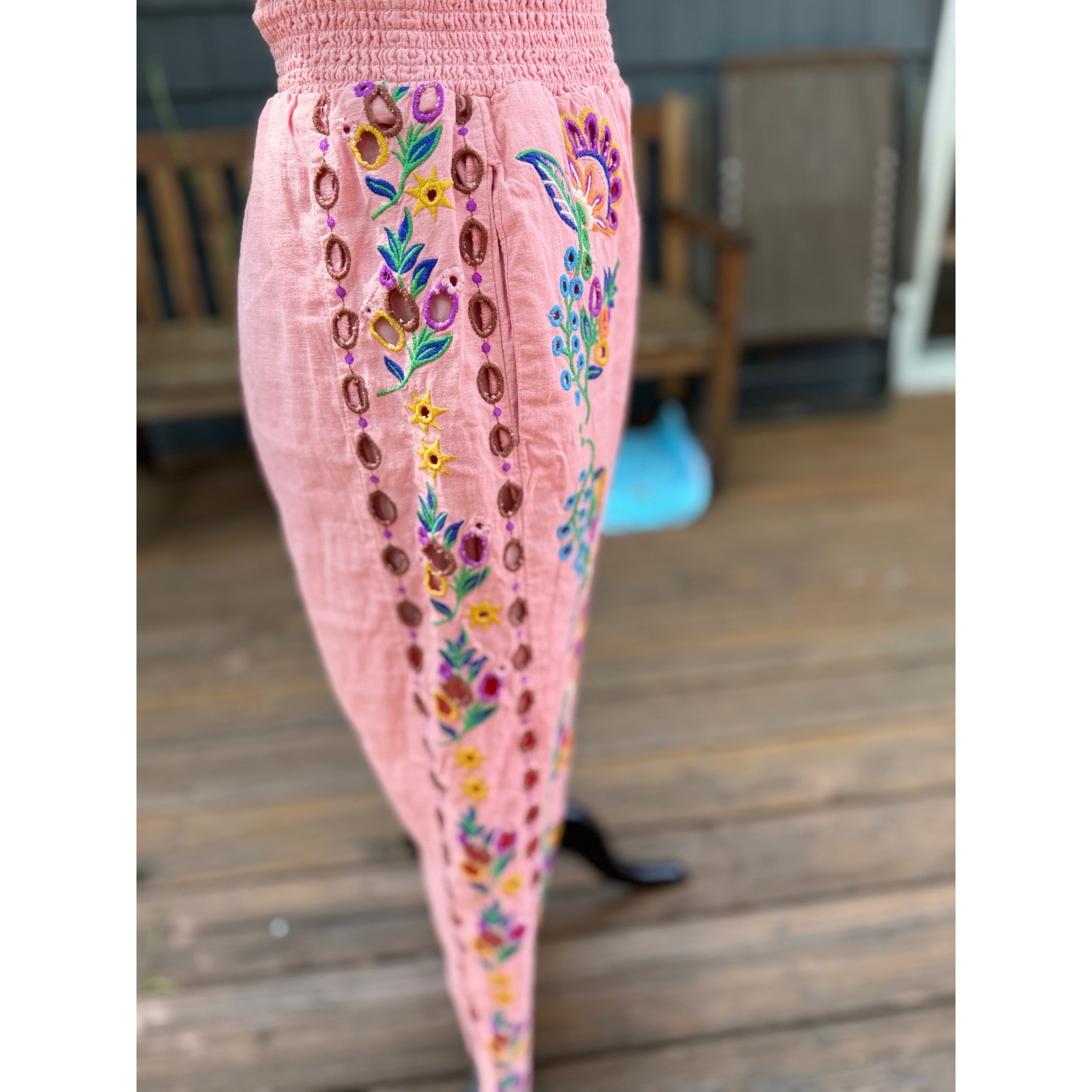 Farm Rio Pink Linen Embroidered Eyelet Smocked Waist Tapered Pants Womens