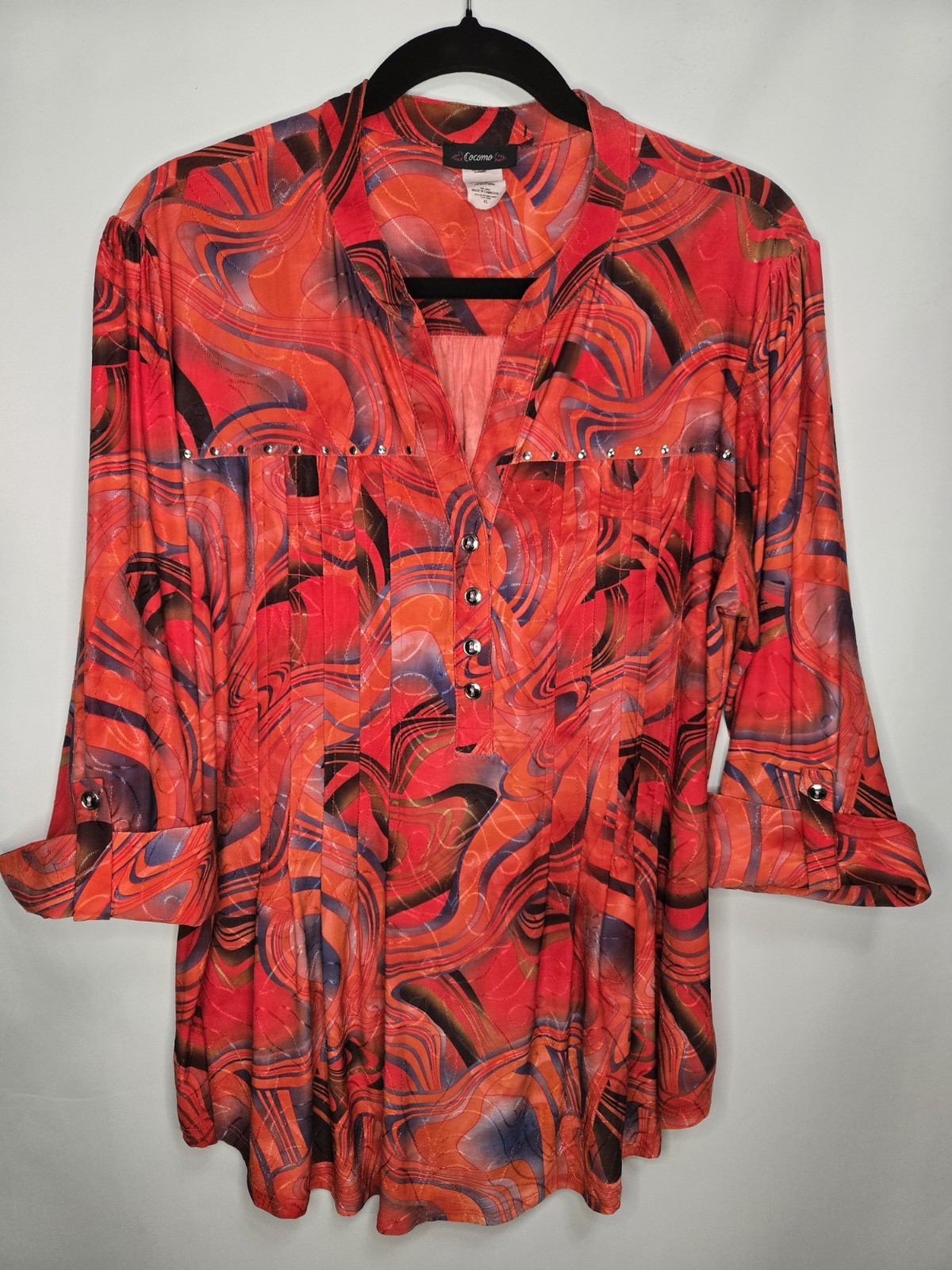 Cocomo Abstract Knit Tunic Blouse XL Collared Button Front Studded Stretch