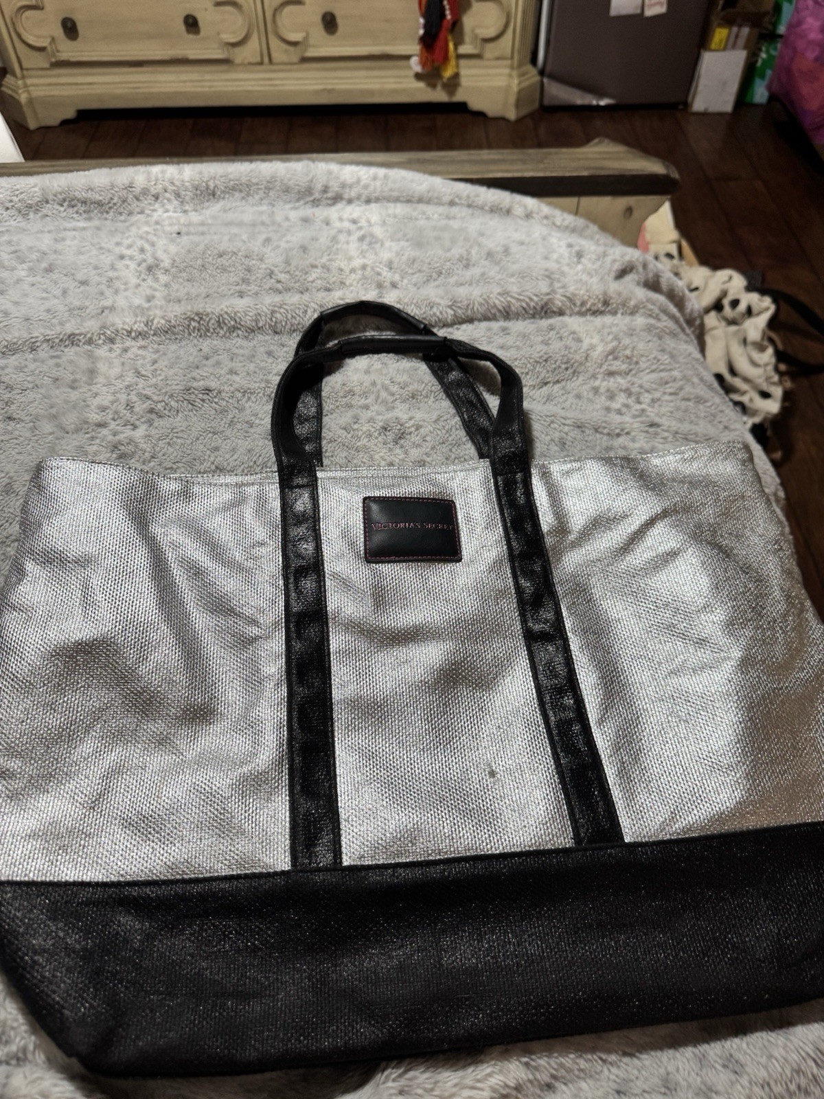Victoria’s Secret Silver Metallic Black Tote Zip Top Silver Hardware Lined