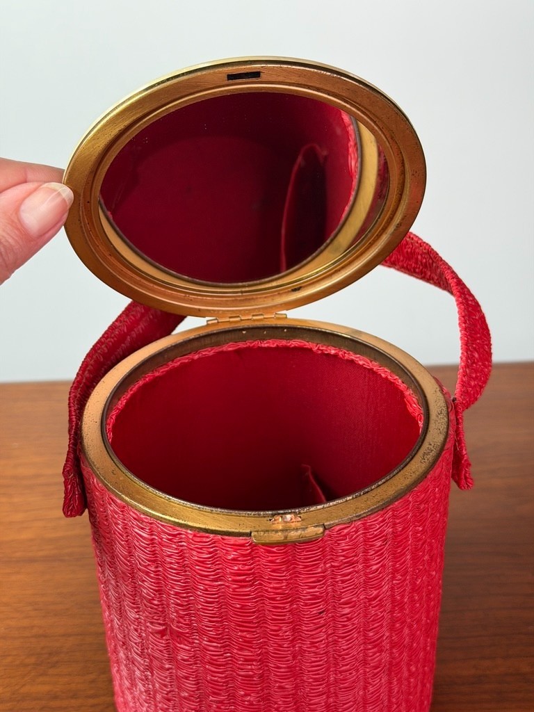 Vintage 1950s red round box purse, vinyl mirror Lin-Bren handbag cylinder small