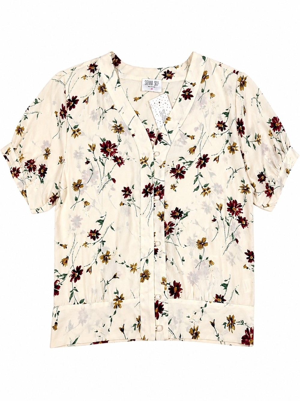 Sienna Sky Floral Button Front Blouse Ivory Burgundy Size Medium NWT