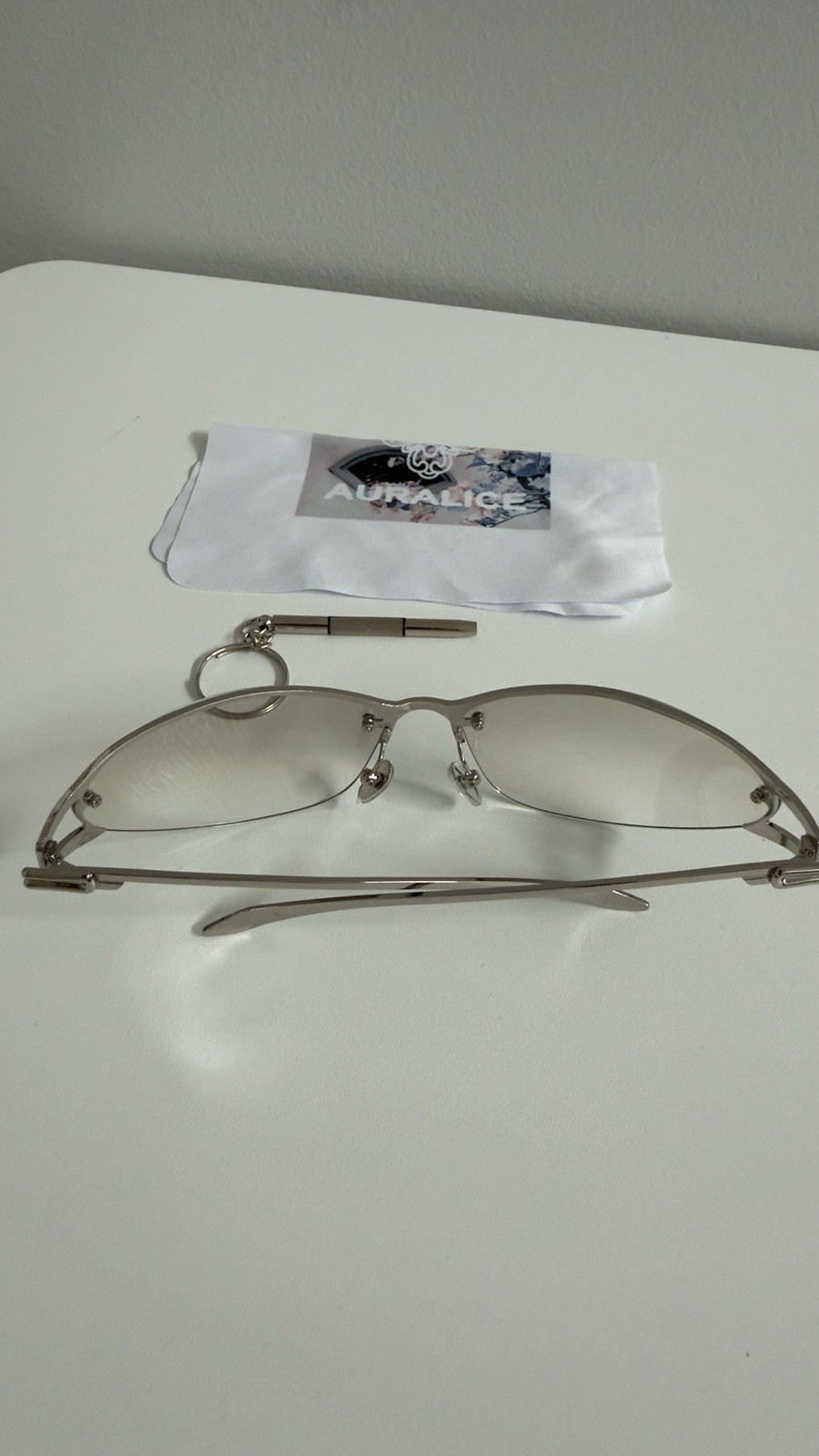 Auralice Rimless Sunglasses Silver Metal Frame Gray Tinted Plastic Lenses