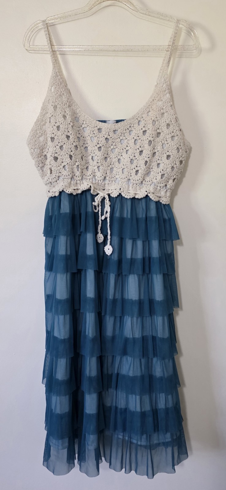 J Gee Crochet Sheer Ruffle Dress Sleeveless Boho Party Coastal Beachy Blue Sz 1X