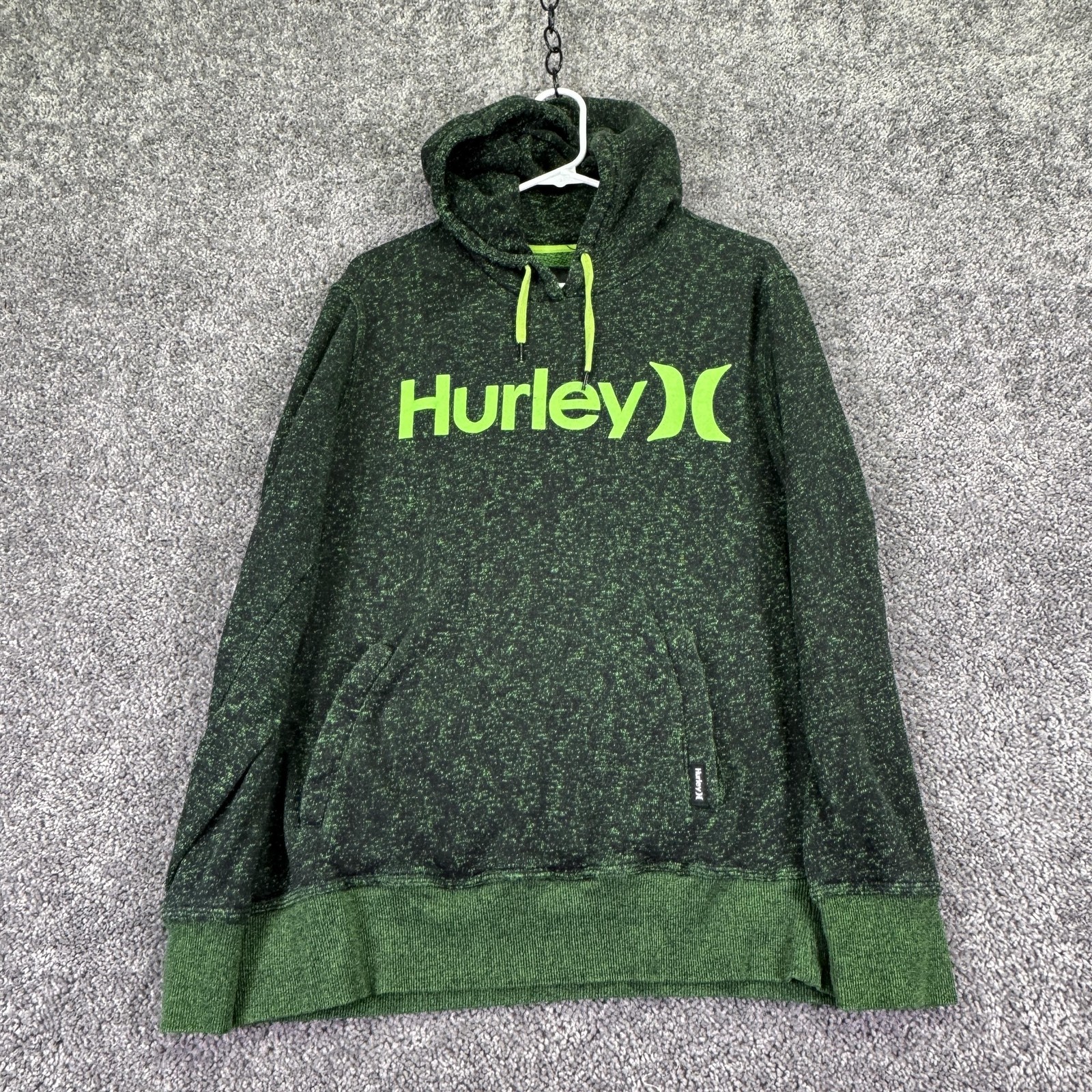 Hurley Hoodie Mens Medium Green Fleece Pullover Graphic Logo Kangaroo Pocket