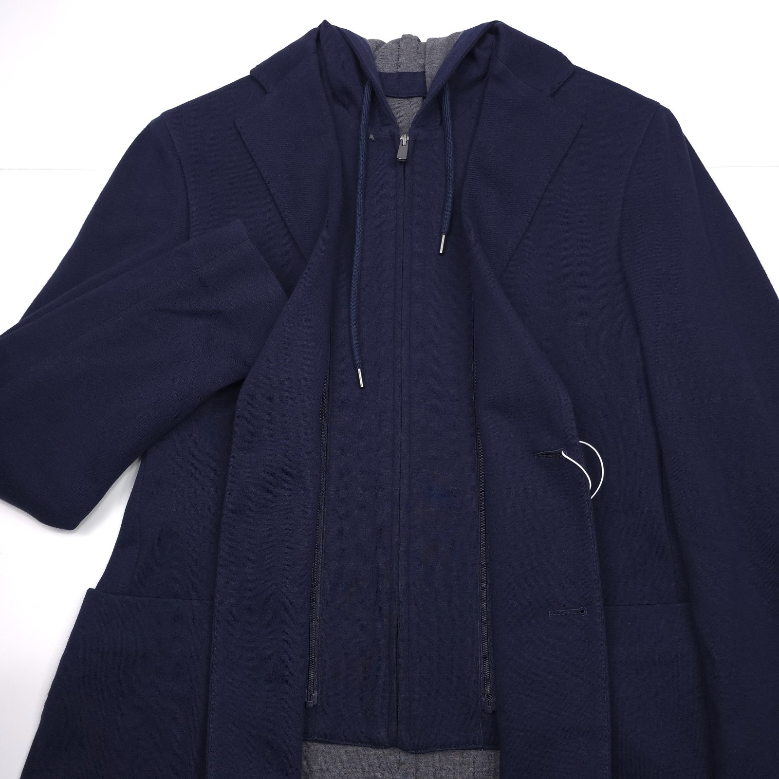 Vince Isle Double Face Blue Jersey Sport Coat Mens 38R Slim Fit Removable Hood