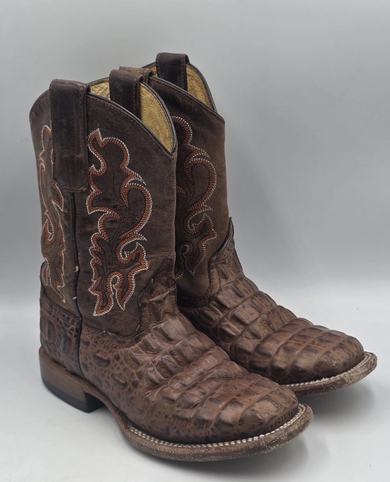 Horse Power HPK1070 Kids Cowboy Boots Sz 12 Brown Nile Print Square Toe Leather