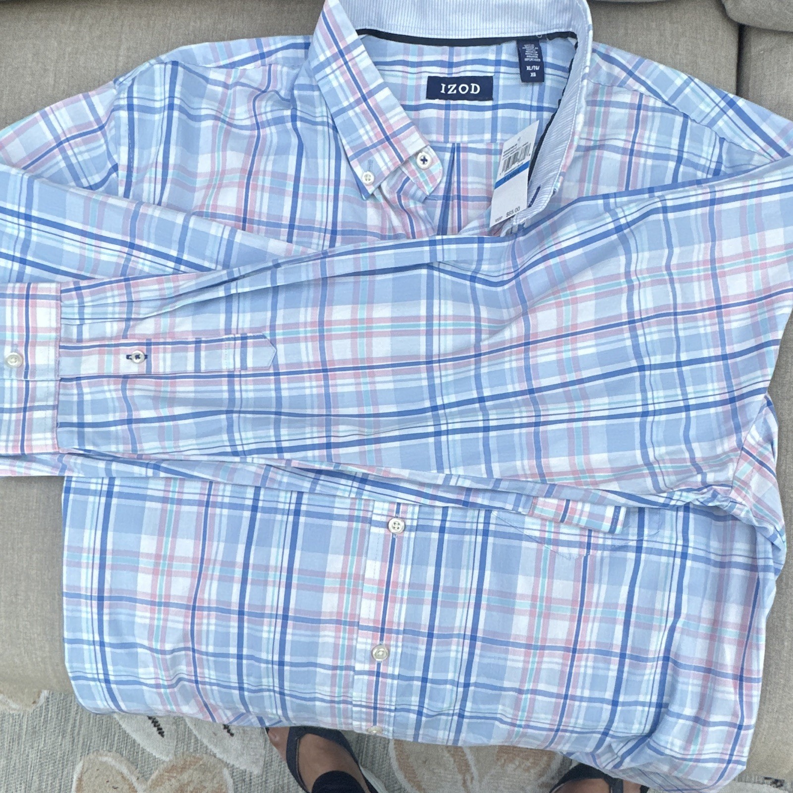 IZOD Men’s XL Blue Pink White Plaid Cotton Woven Long Sleeve Button-Down Shirt