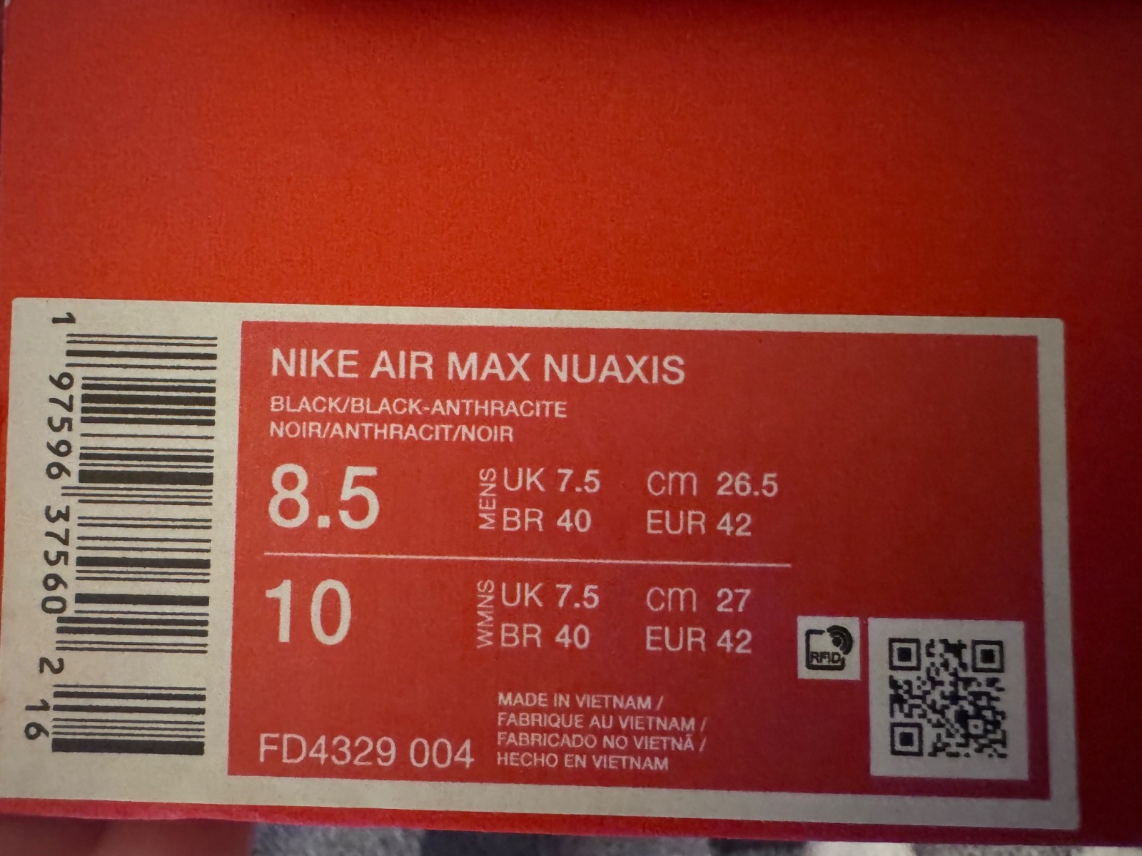 Nike Air Max Nuaxis Sneakers Men’s 8.5 Woman’s 10 Black Anthracite FD4329-004