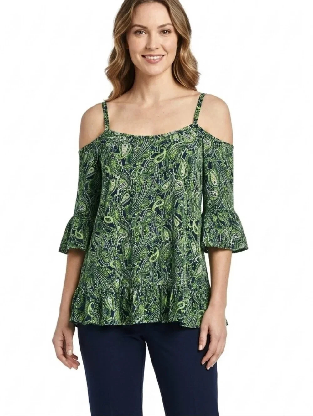 Michael Kors Women’s Paisley Cold Shoulder Ruffle Blouse Green Navy Medium