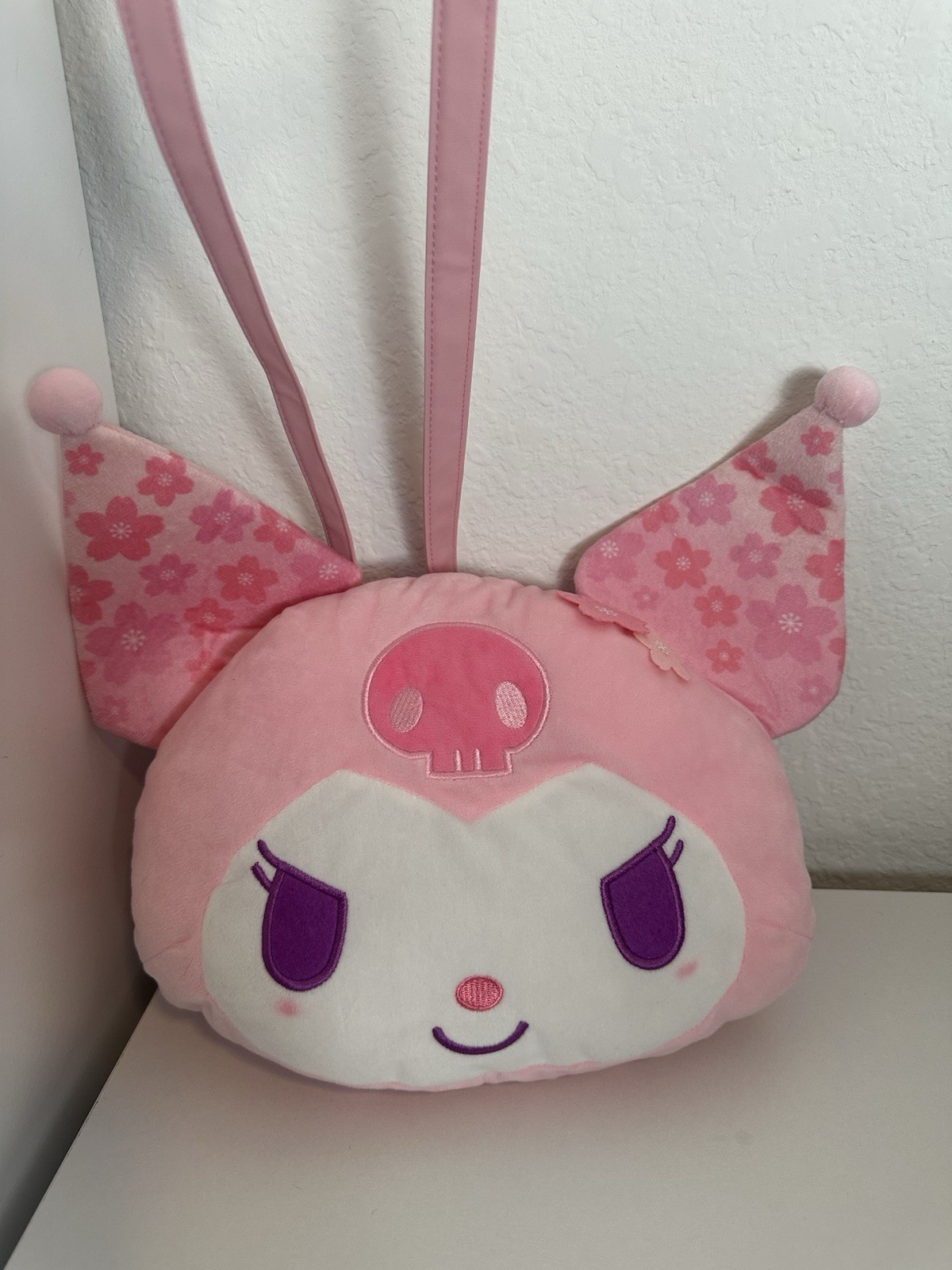 Kuromi Pink Plush Floral Crossbody Bag Zip, Adjustable Detachable Strap