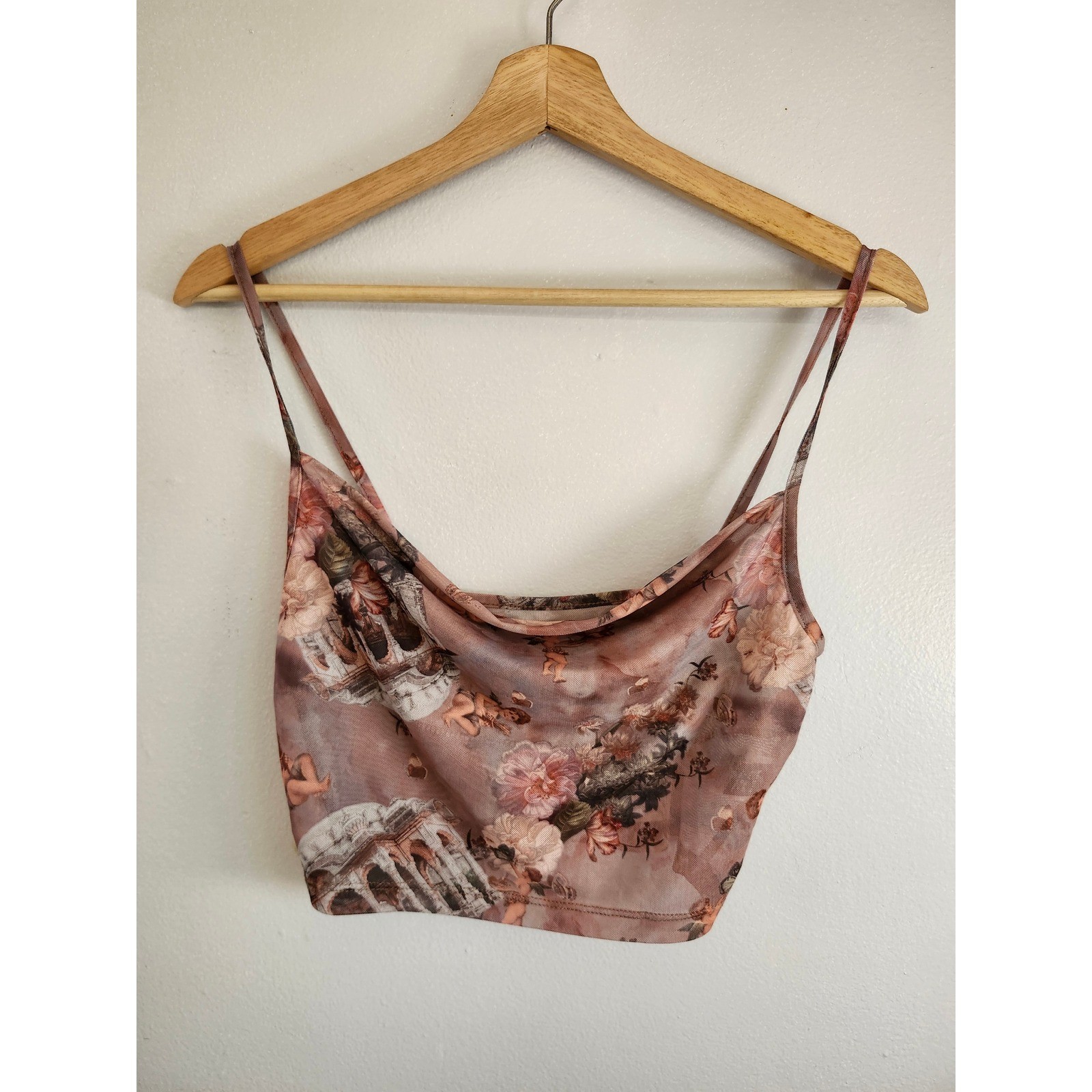 SHEIN Angel Print Mesh Cowl Neck Crop Top Small Coquette Fairycore Y2K ✨