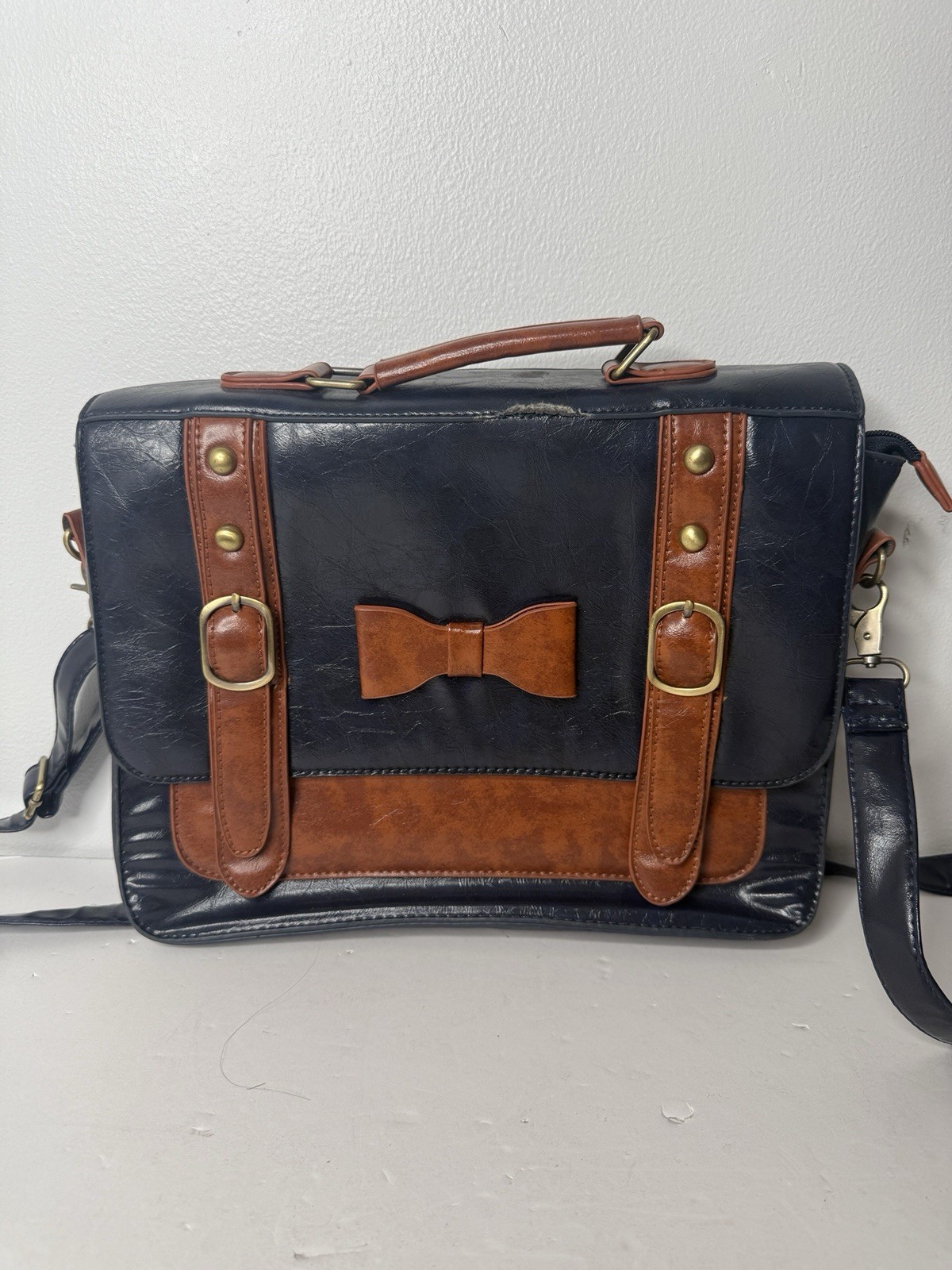 Ecosusi Faux Leather 2 Tone Dark Navy Blue Brown Messenger Bag with Bow & Handle