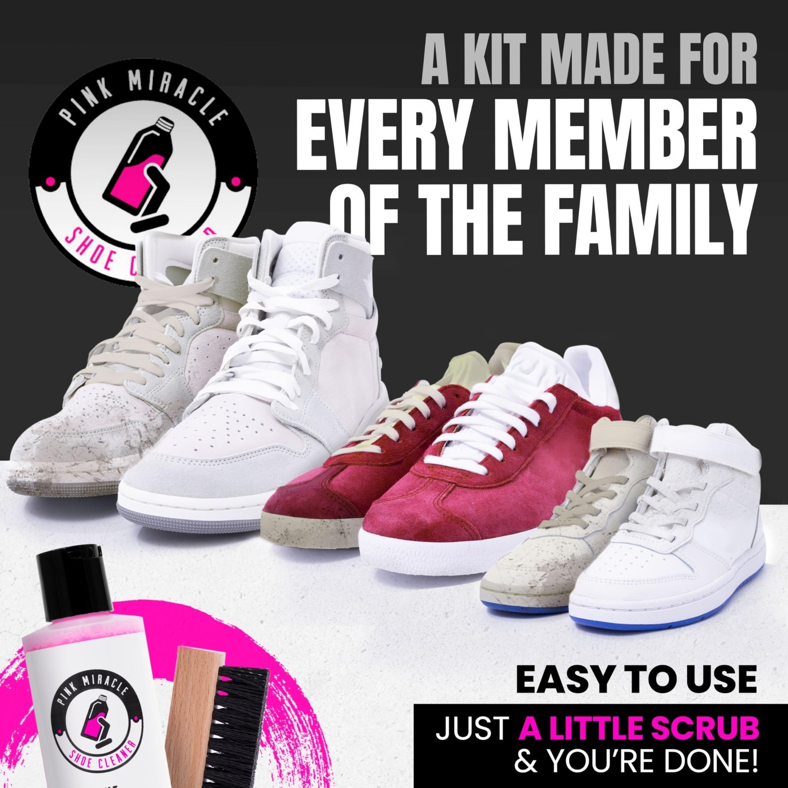 Ultimate Pink Shoe Cleaner Kit – Brush & Bottle for Fabric, Leather, Suede, Nubu