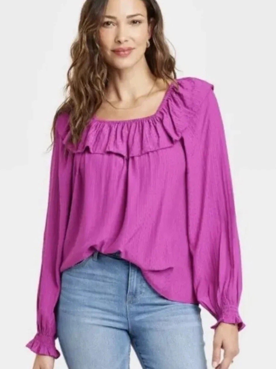 Knox Rose Women’s Ruffle Top Blouse Long Balloon Sleeve Magenta Purple NWT XXL