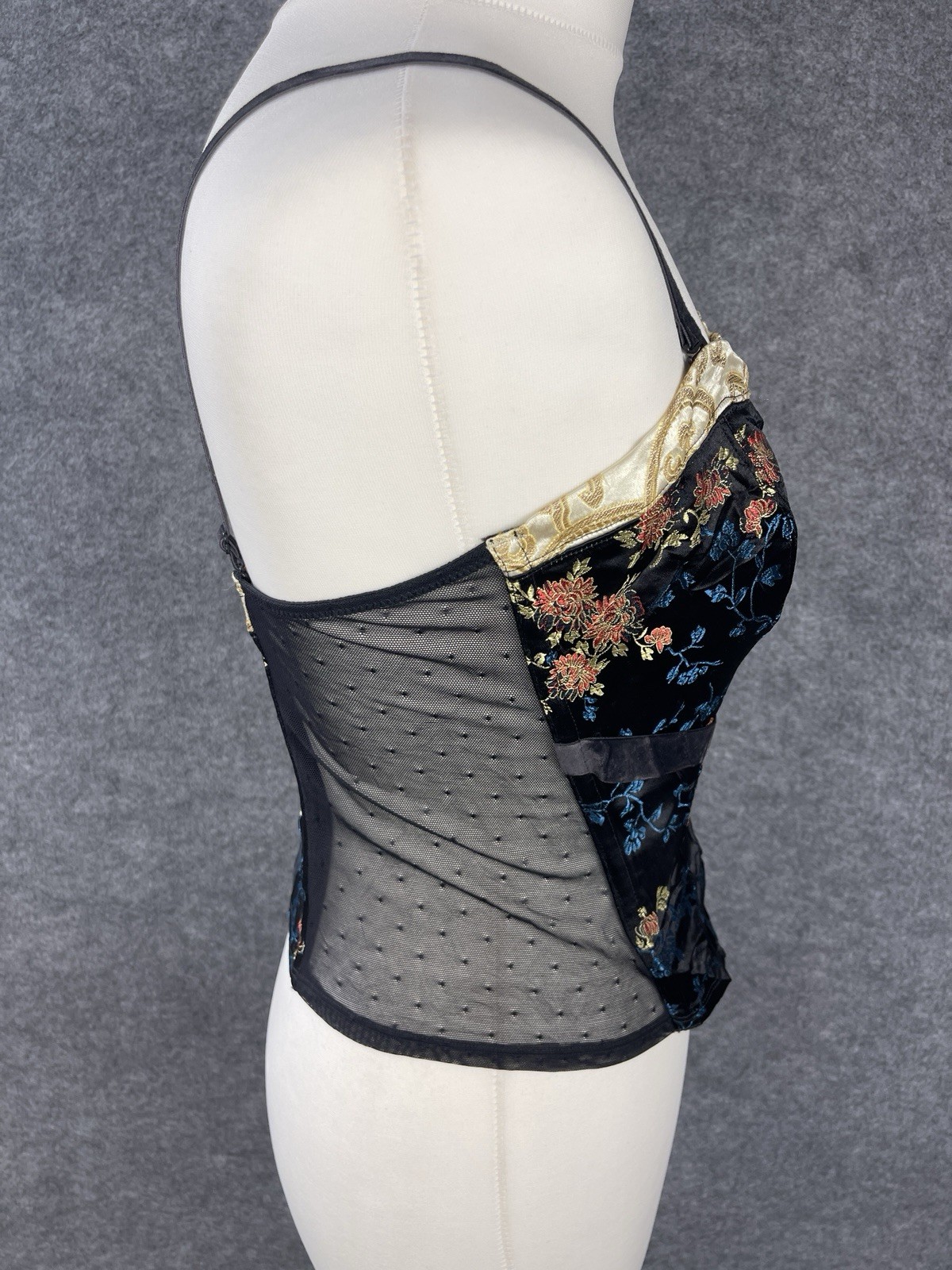 Oriental Floral Embroidered Corset Top UK 14 Black Gold Party Going Out Y2K