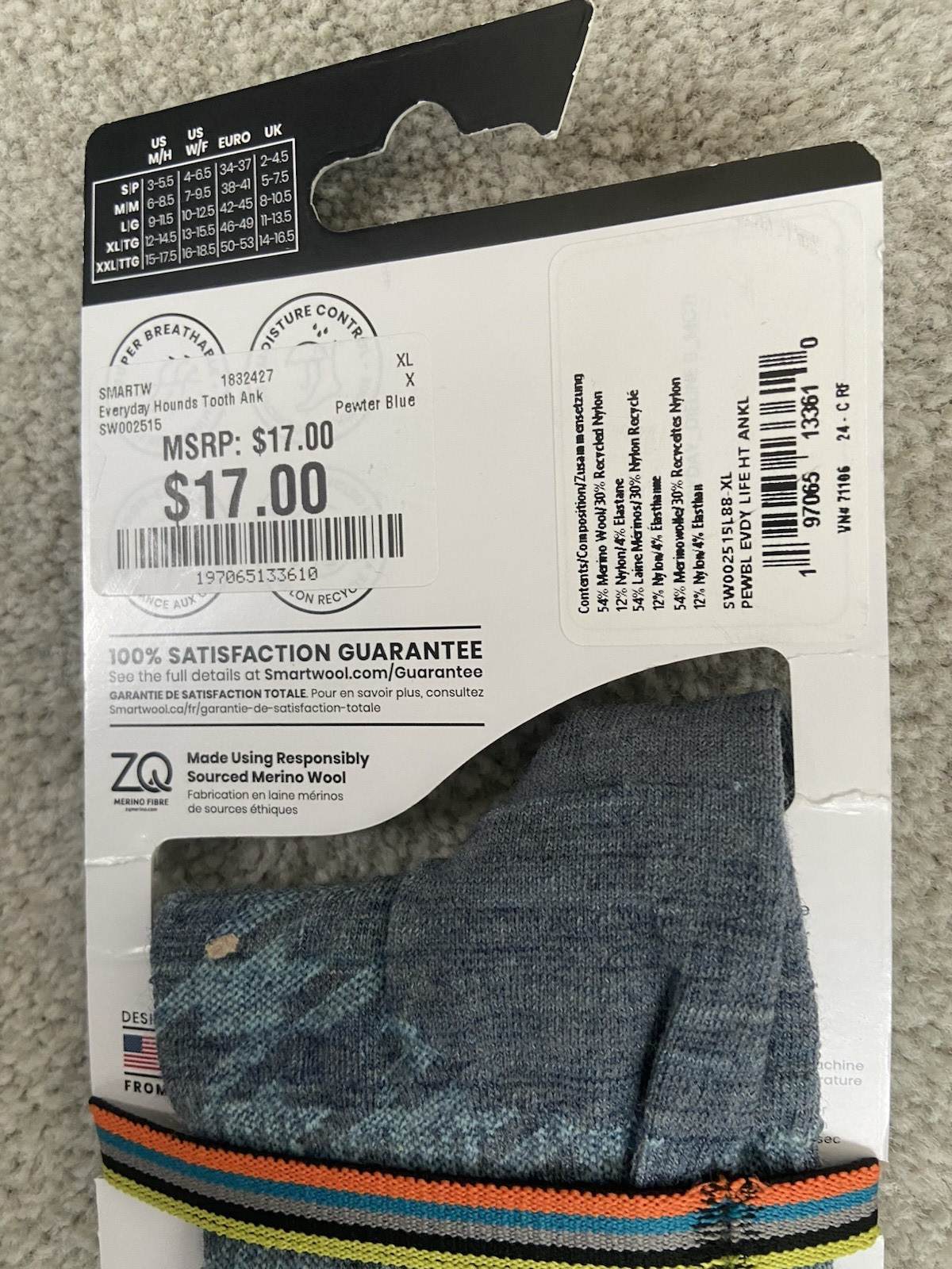 Lot of 2 pairs Smartwool Everyday Zero Cushion Houndstooth Ankle Socks Blue XL