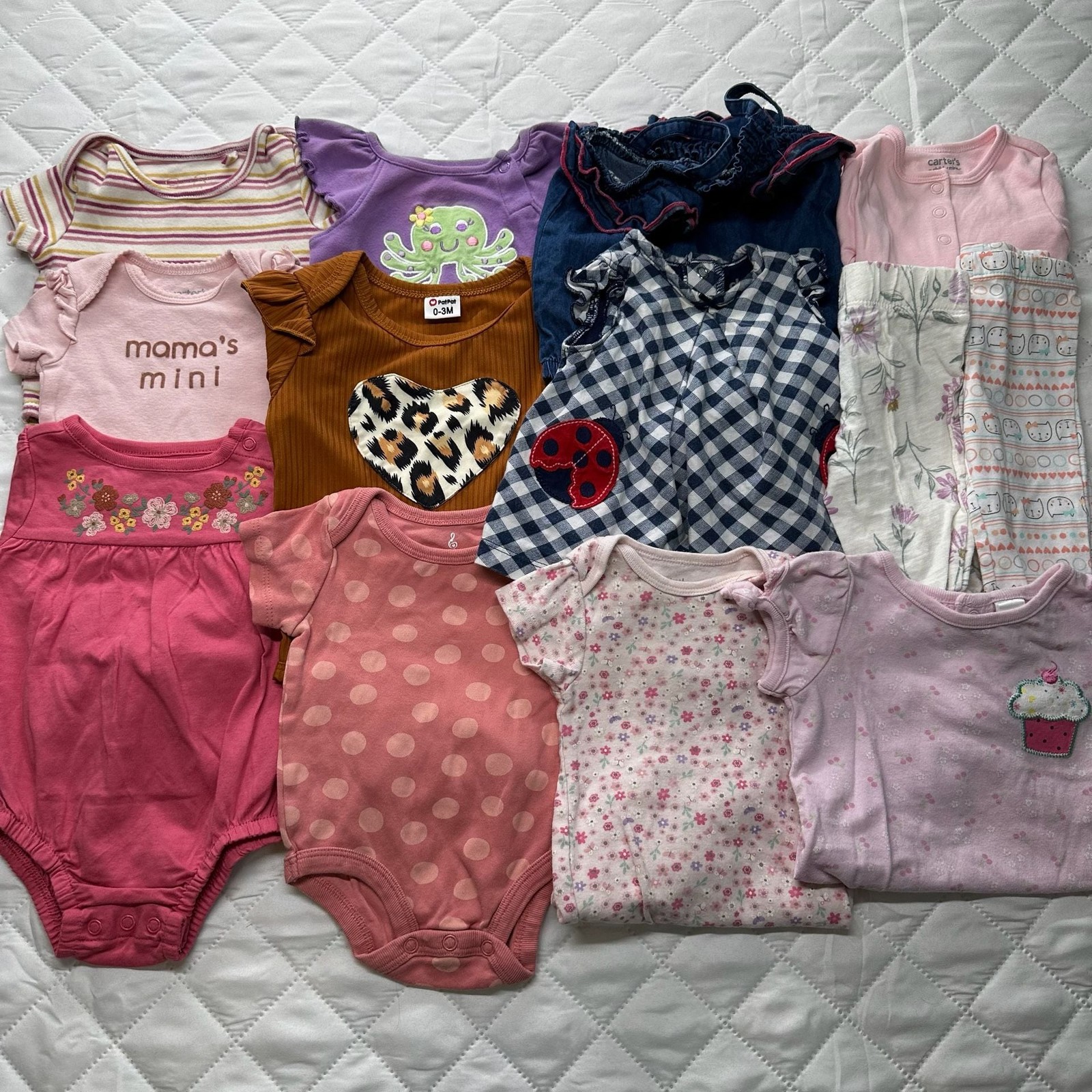 Baby Girl Assorted Clothing Bundle 0-3 Months Includes Bodysuits, Dress, and Car