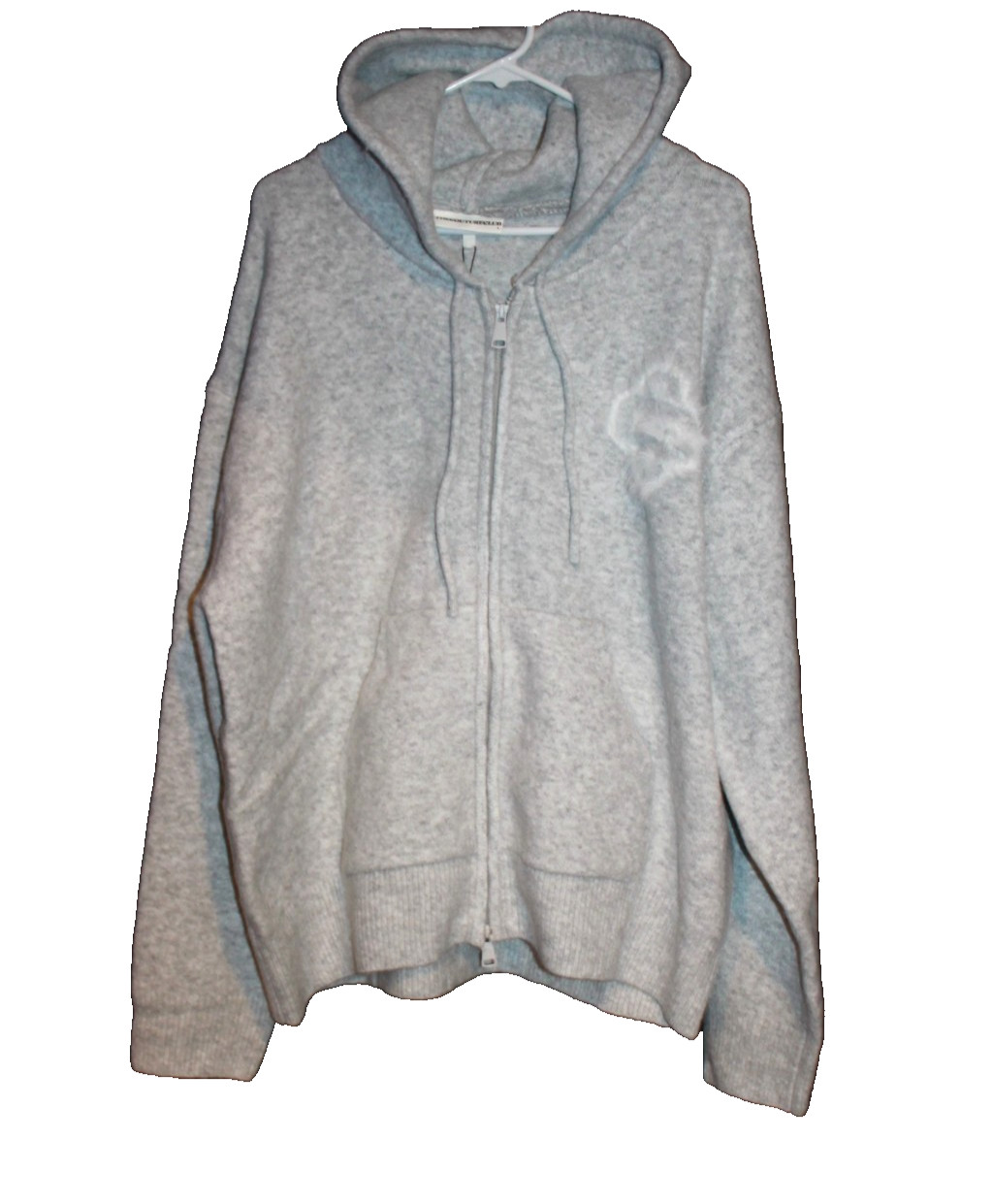 THE COUTURE CLUB Full Zip Hoodie Sweater Women’s Size L Grey Fluffy Emblem NEW